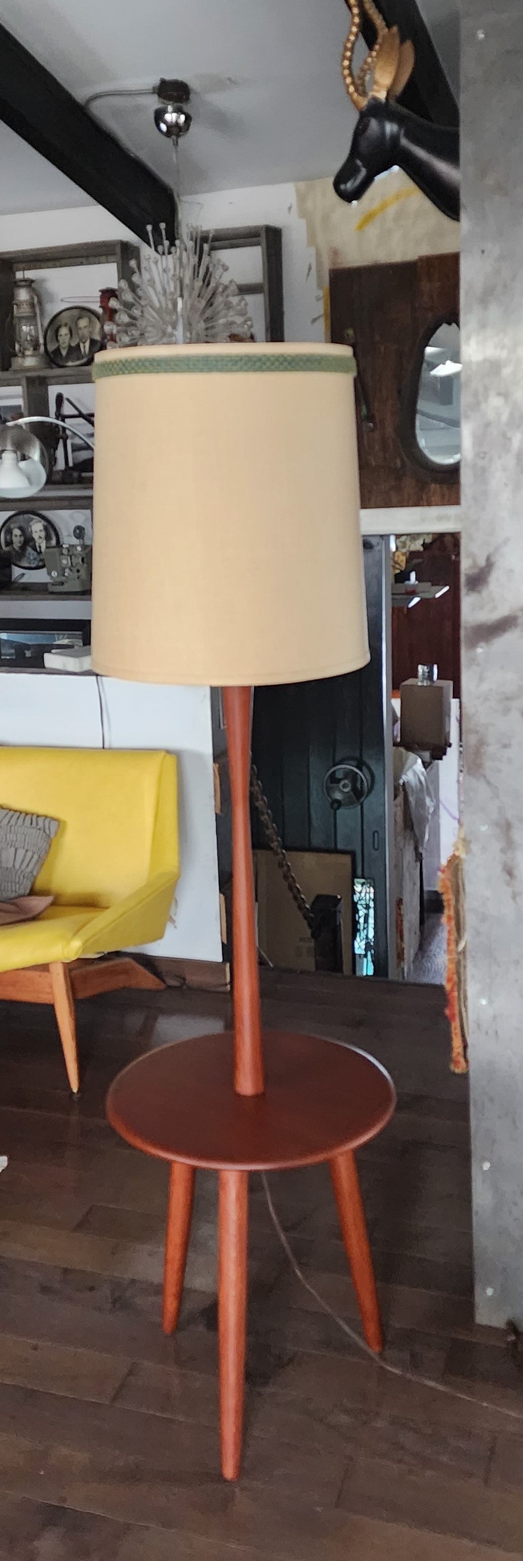 Mid Century Modern Teak Wood Floor Lamp with Built-in Tripod Table, RESTORED