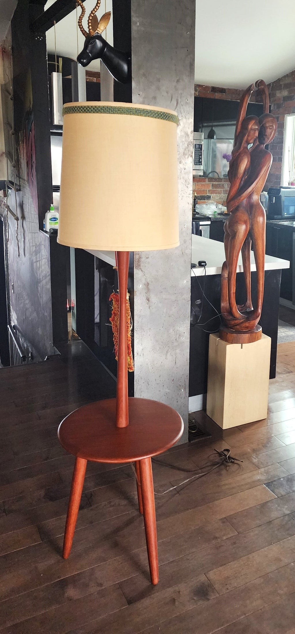 Mid Century Modern Teak Wood Floor Lamp with Built-in Tripod Table, RESTORED