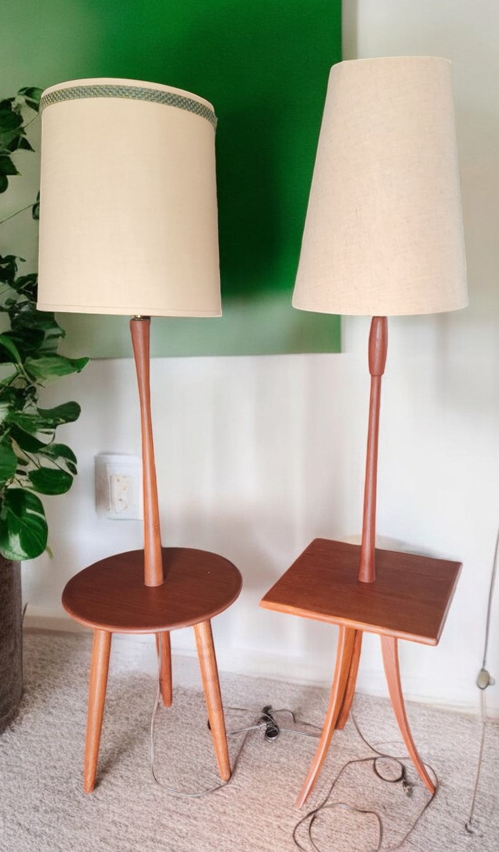 Mid Century Modern Teak Wood Floor Lamp with Built-in Tripod Table, RESTORED