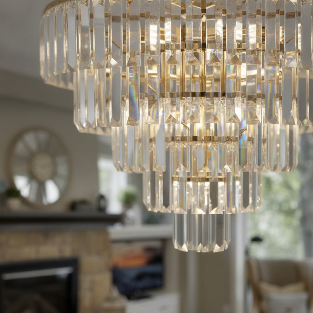 Gold 5-Tier Round Crystal Semi Flush Chandelier — detail — Maison Bruxelle