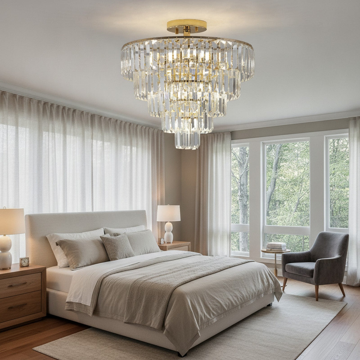 Gold 5-Tier Round Crystal Semi Flush Chandelier — styled in a Maison Bruxelle interior