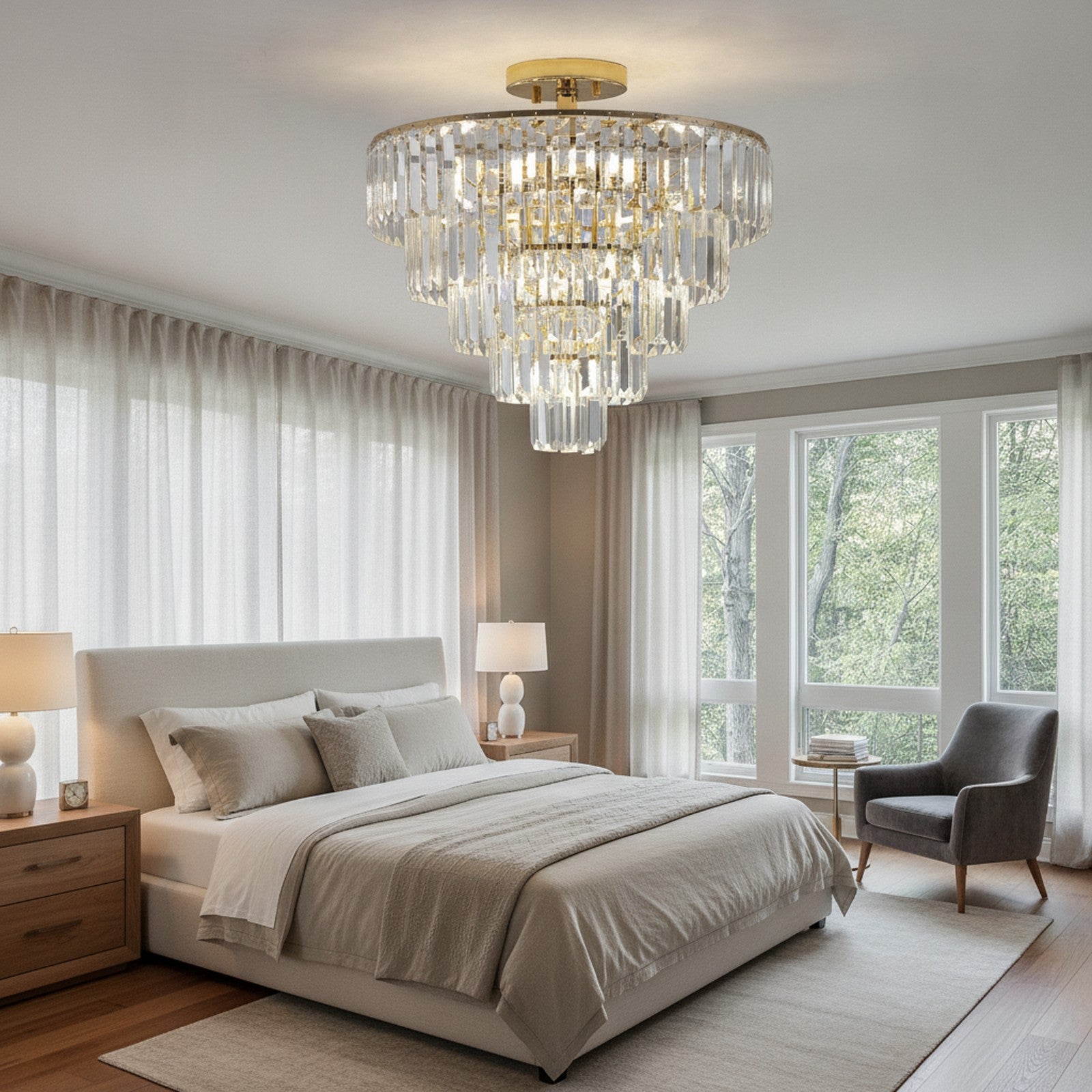 Gold 5-Tier Round Crystal Semi Flush Chandelier — styled in a Maison Bruxelle interior