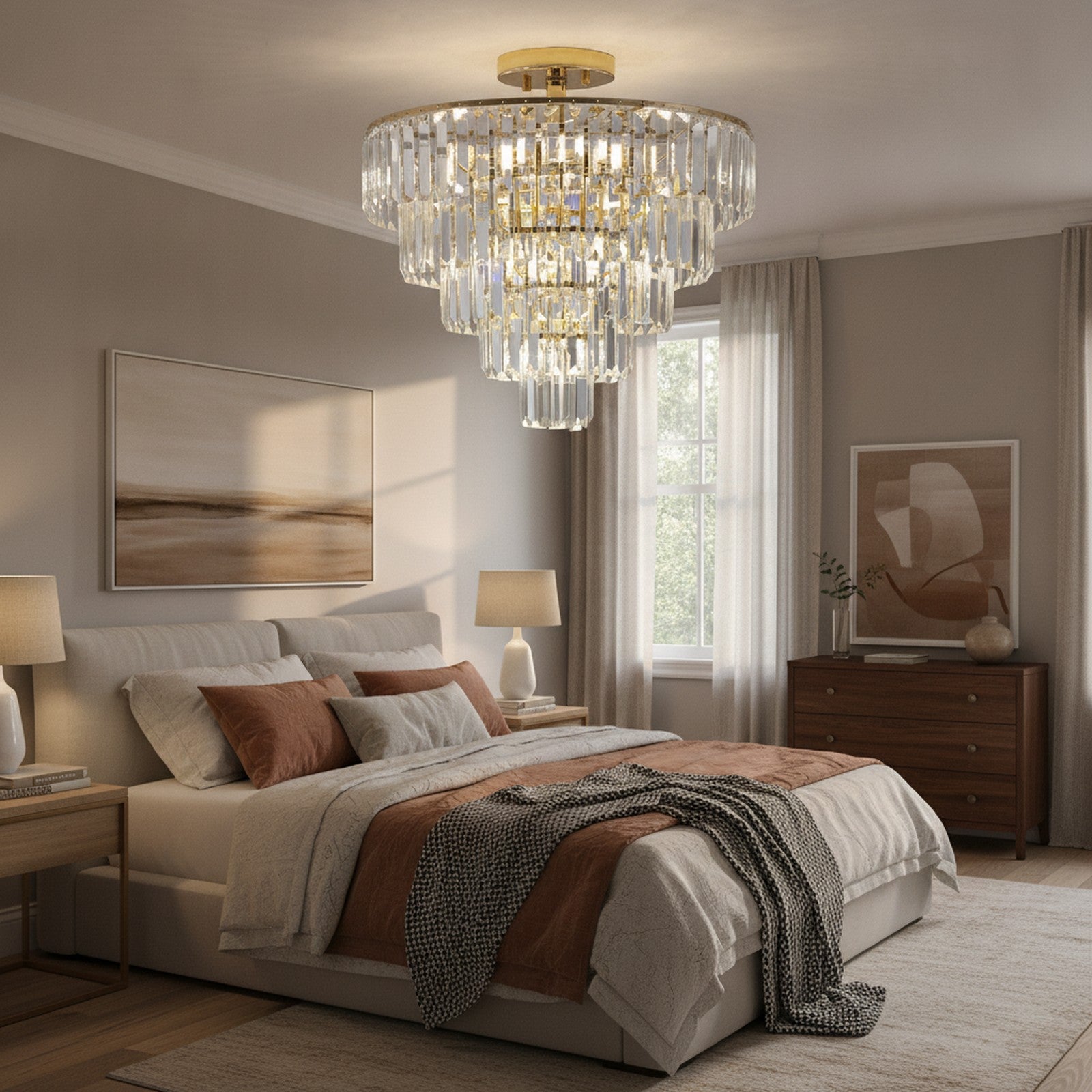 Gold 5-Tier Round Crystal Semi Flush Chandelier — styled — Maison Bruxelle