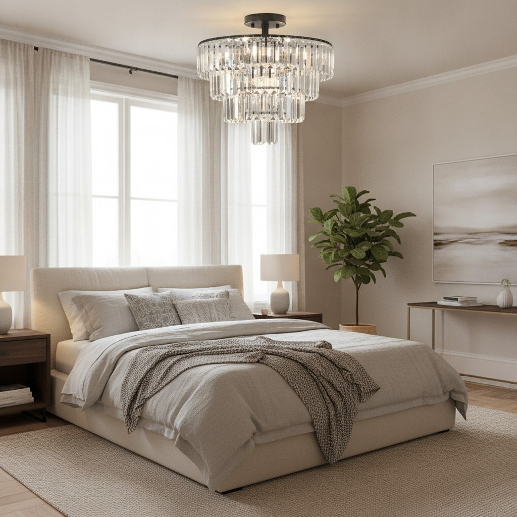 Modern Luxury Black Crystal 10-Light Flush Mount — styled — Maison Bruxelle
