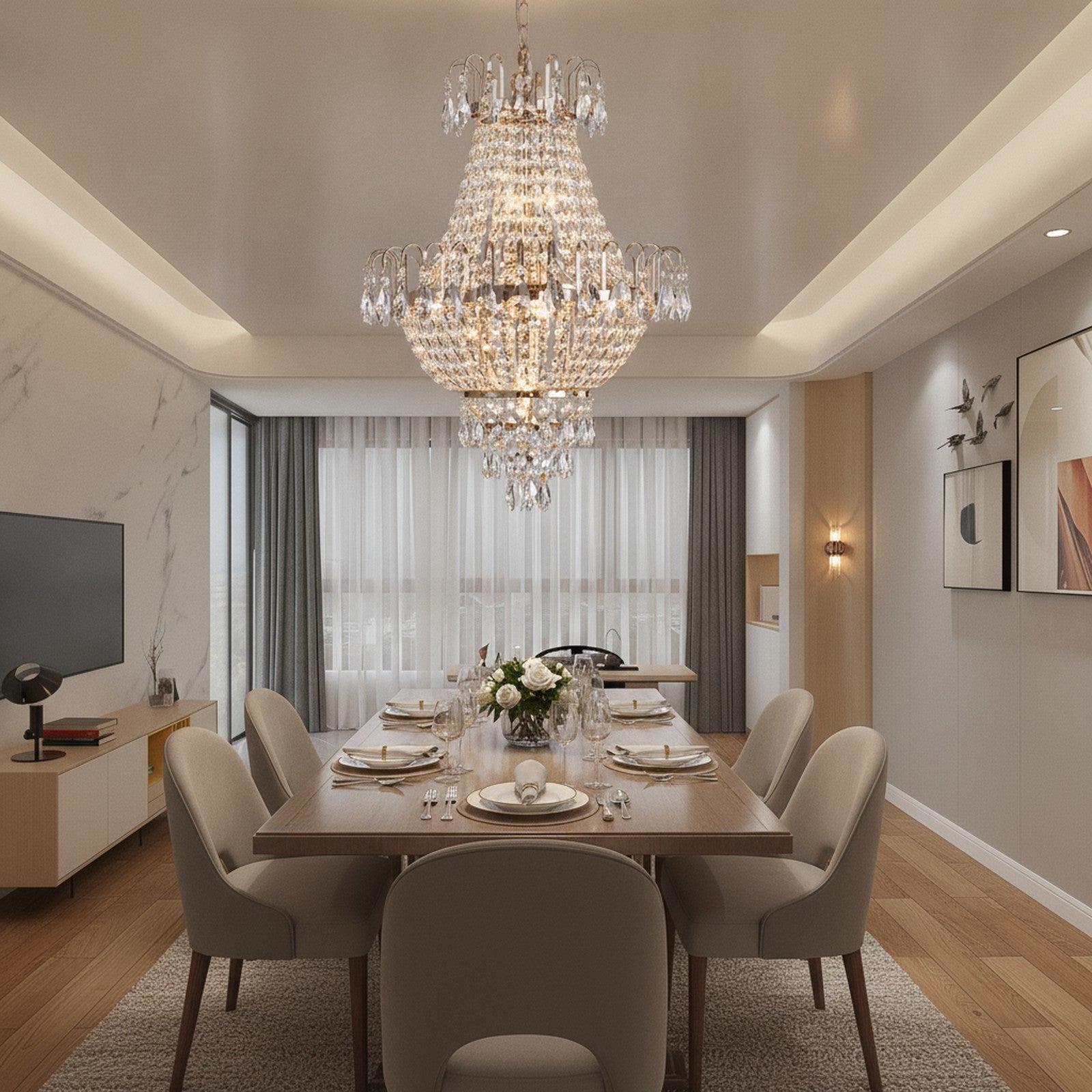 Gold Contemporary Luxury Crystal Chandelier — styled — Maison Bruxelle