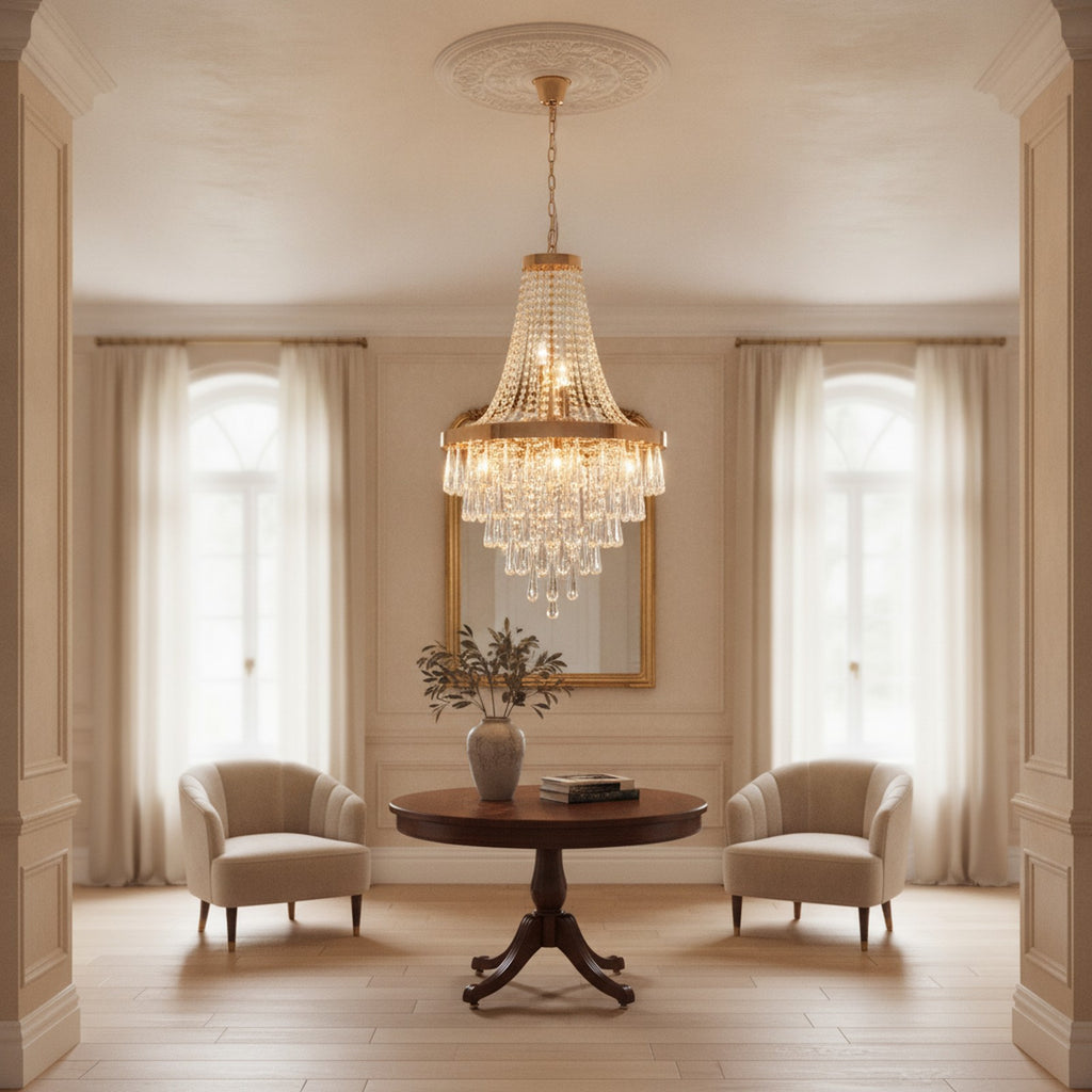 Modern Elegant Golden Crystal 11-Light Pendant Chandelier — styled in a Maison Bruxelle interior
