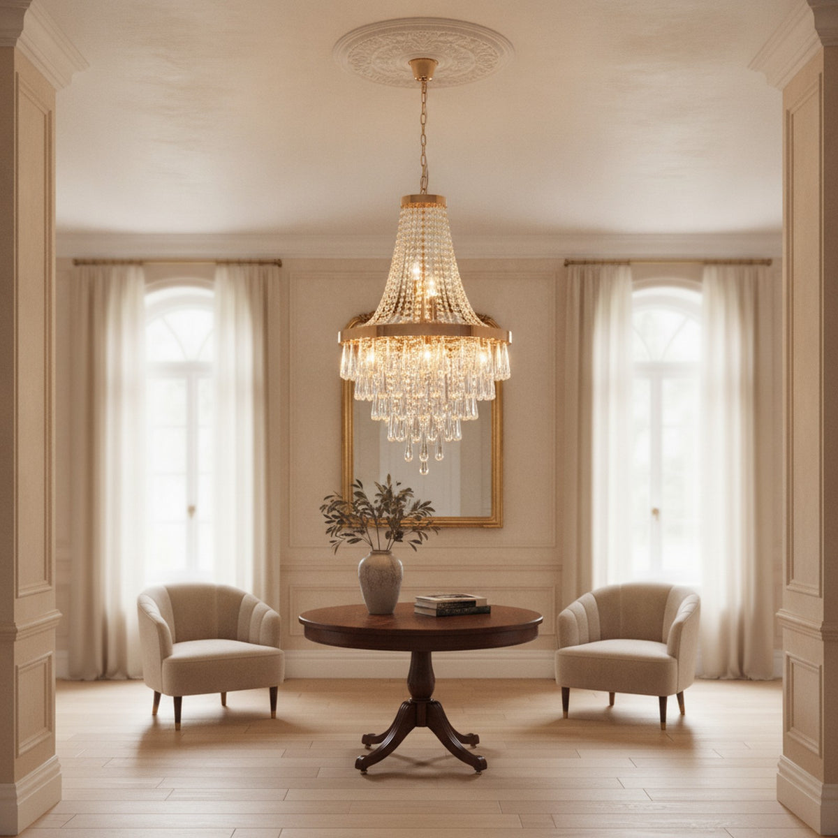 Modern Elegant Golden Crystal 11-Light Pendant Chandelier — styled in a Maison Bruxelle interior