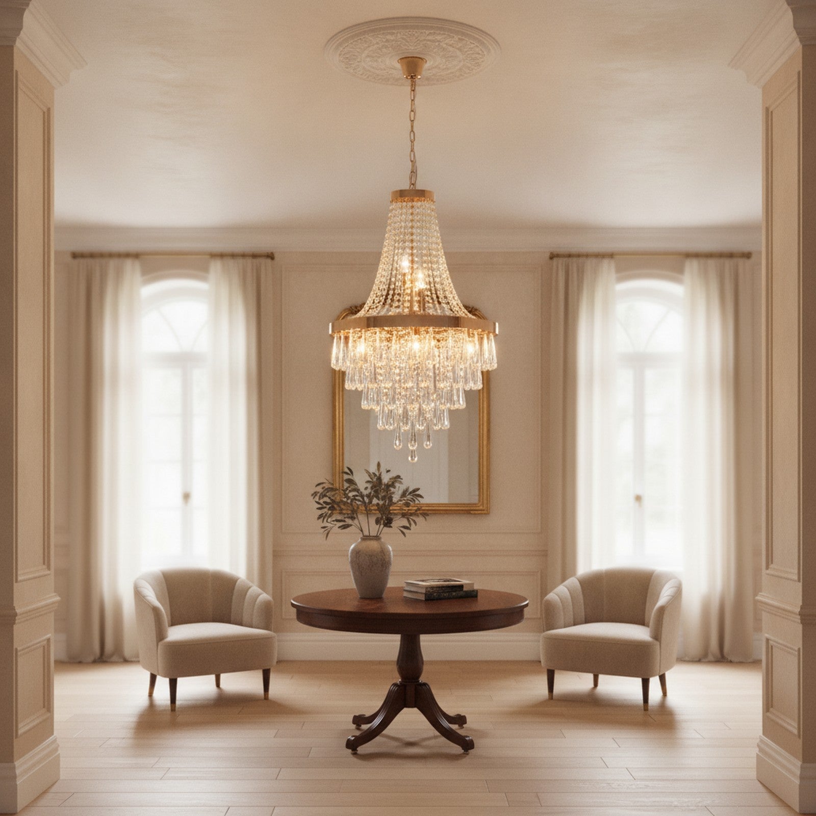 Modern Elegant Golden Crystal 11-Light Pendant Chandelier — styled in a Maison Bruxelle interior