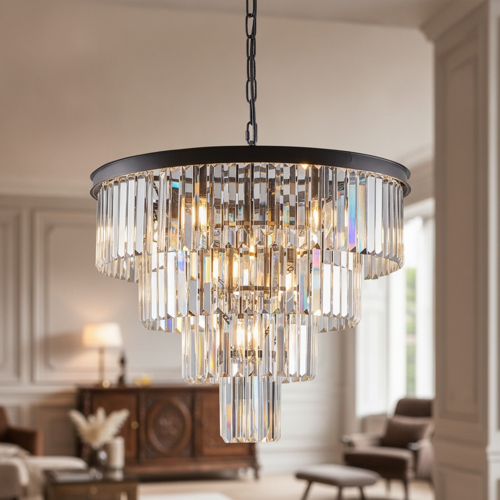 Modern Contemporary Black 4-Tier Crystal Chandelier — detail — Maison Bruxelle