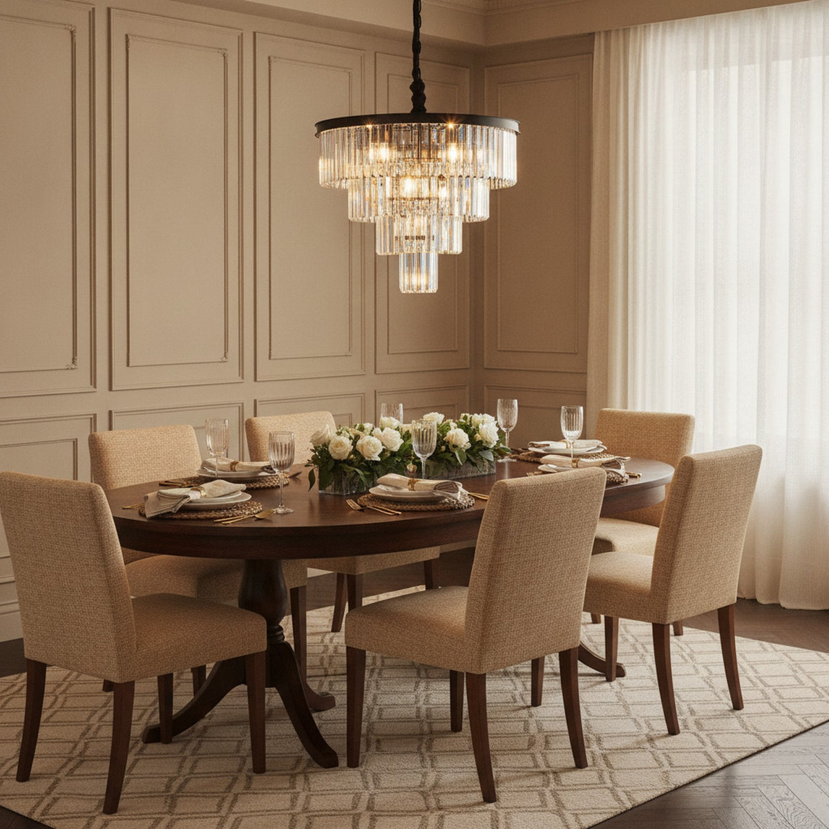 Modern Contemporary Black 4-Tier Crystal Chandelier — styled in a Maison Bruxelle interior