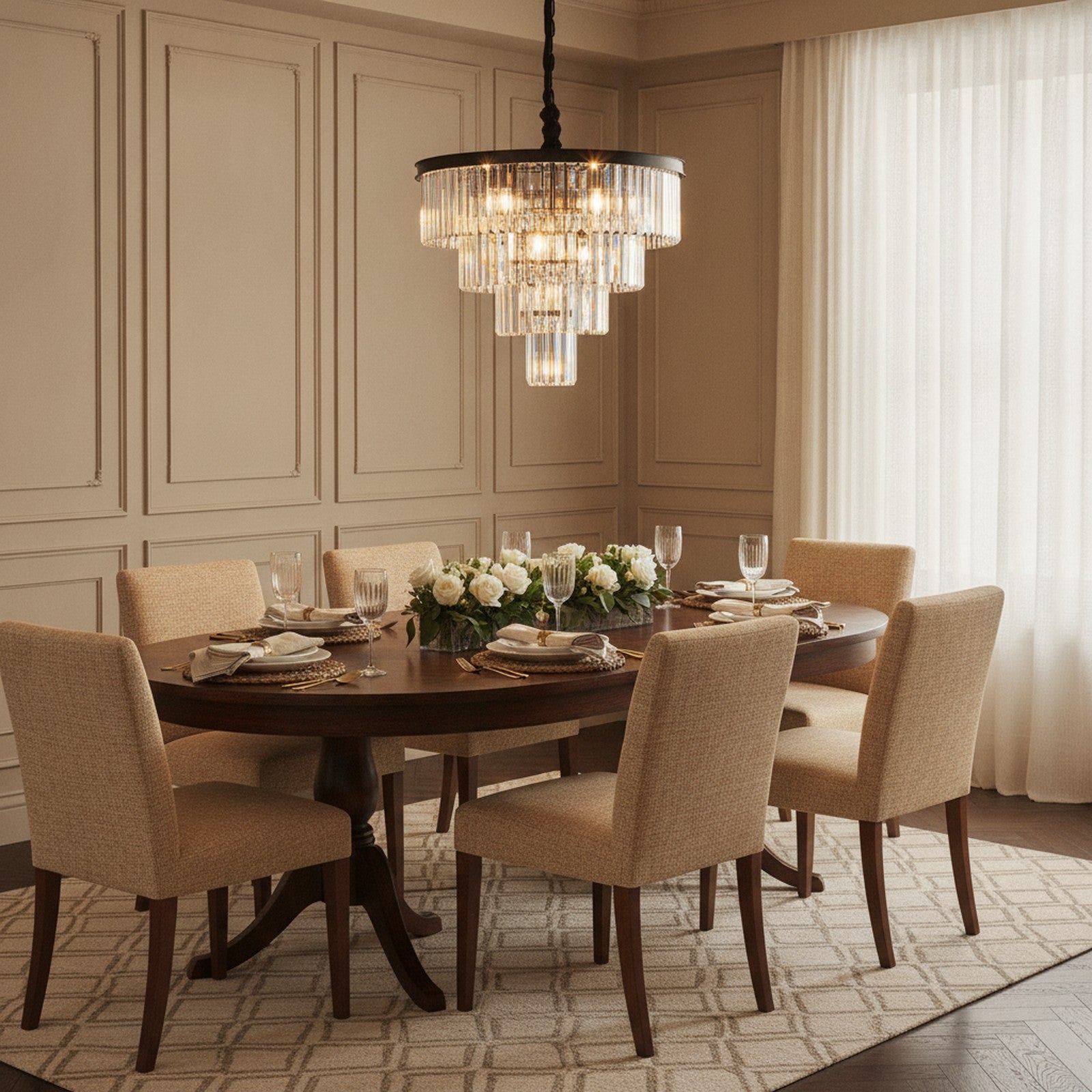 Modern Contemporary Black 4-Tier Crystal Chandelier — styled in a Maison Bruxelle interior