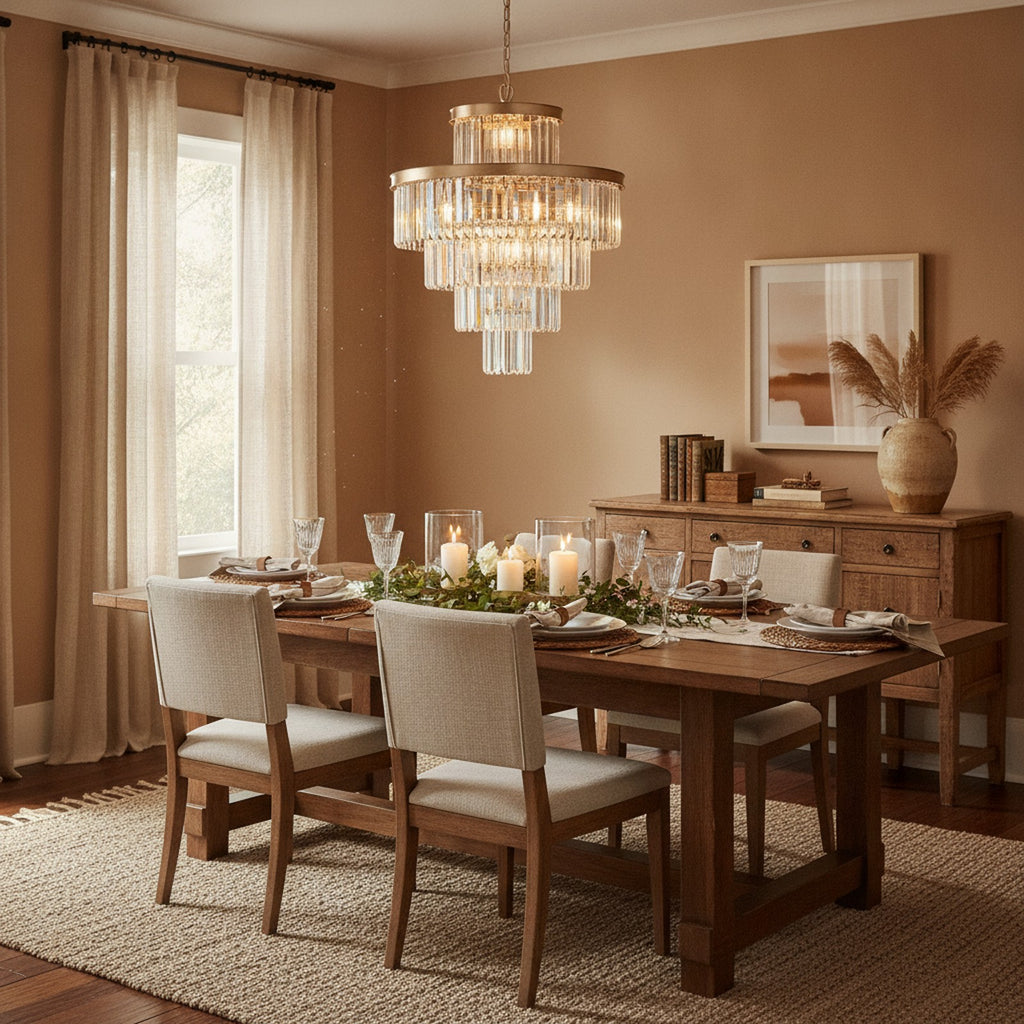 Golden Modern Luxury Crystal Chandelier — styled in a Maison Bruxelle interior