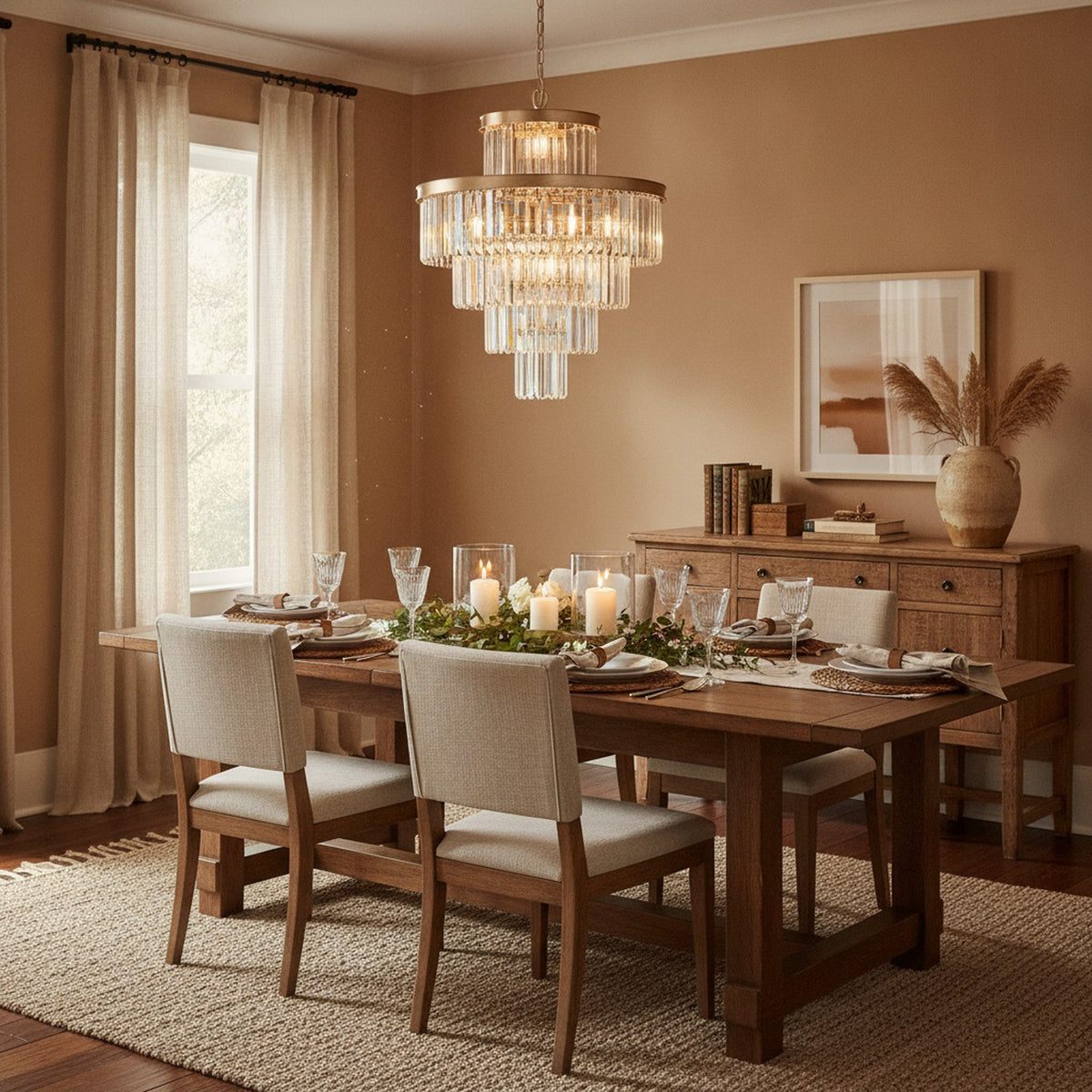 Golden Modern Luxury Crystal Chandelier — styled in a Maison Bruxelle interior