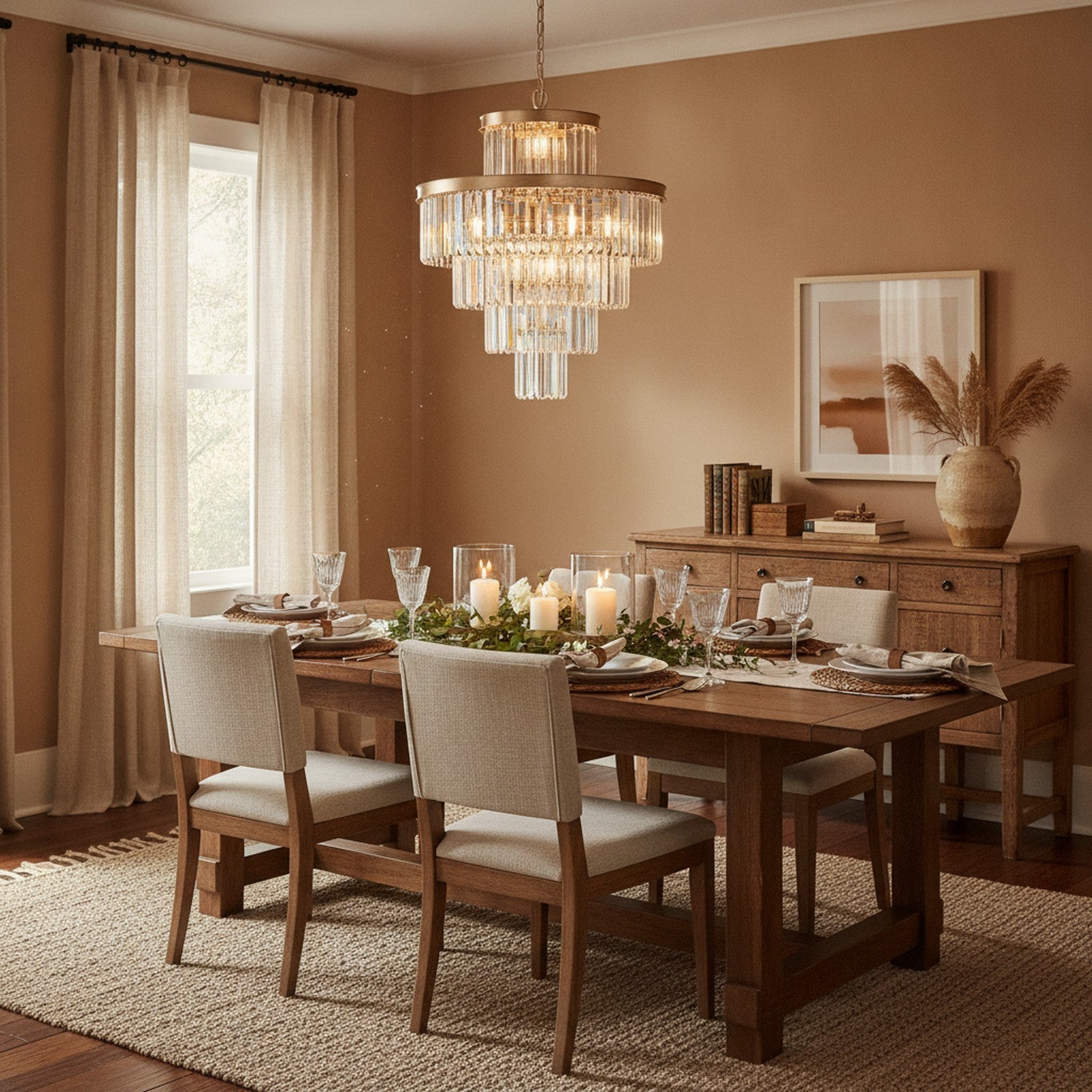 Golden Modern Luxury Crystal Chandelier — styled in a Maison Bruxelle interior