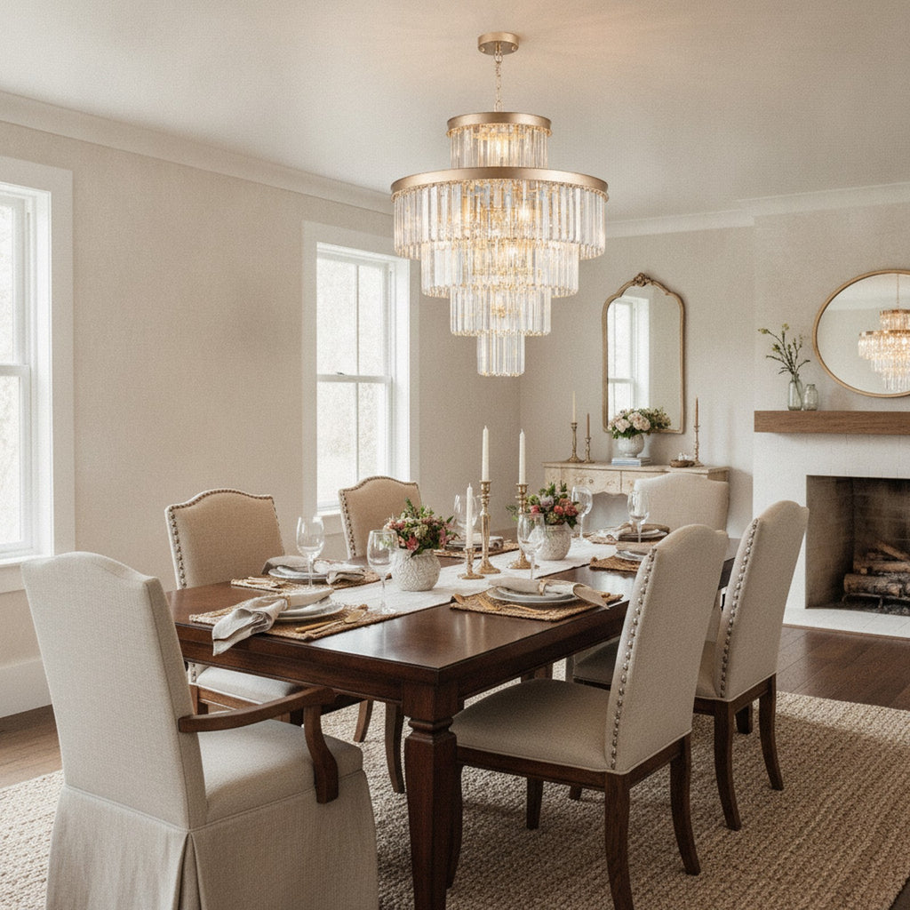 Golden Modern Luxury Crystal Chandelier — styled — Maison Bruxelle