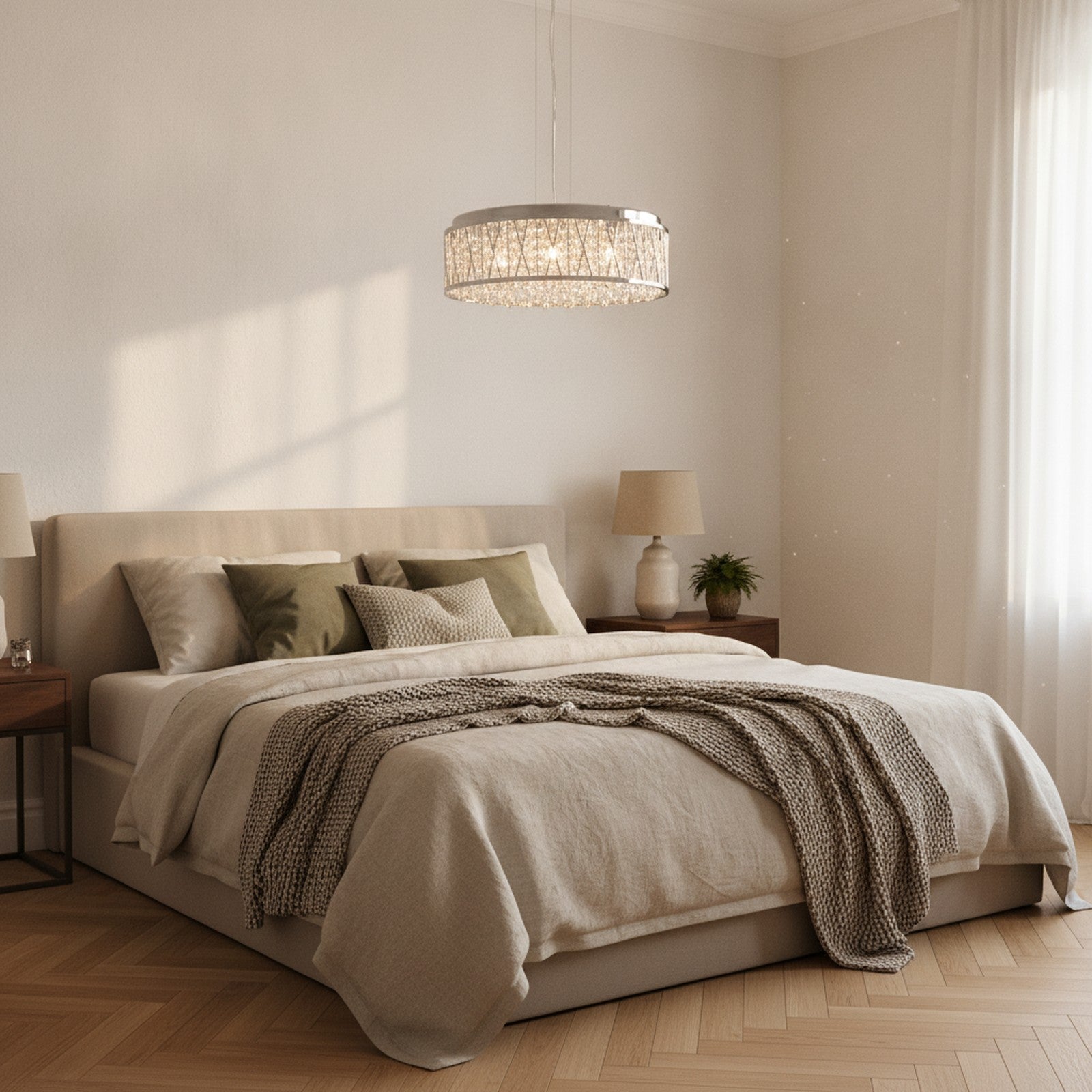 Modern Round Crystal Aluminum Flush Mount Chandelier — styled in a Maison Bruxelle interior
