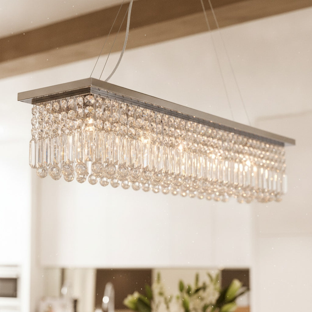 Modern White 8-Light Raindrop Crystal Chandelier — detail — Maison Bruxelle