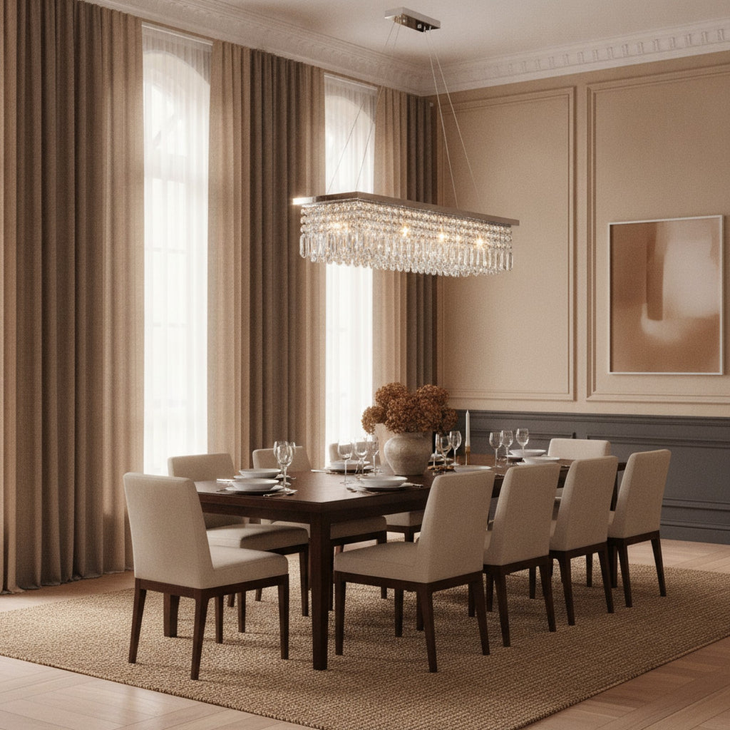 Modern White 8-Light Raindrop Crystal Chandelier — styled in a Maison Bruxelle interior