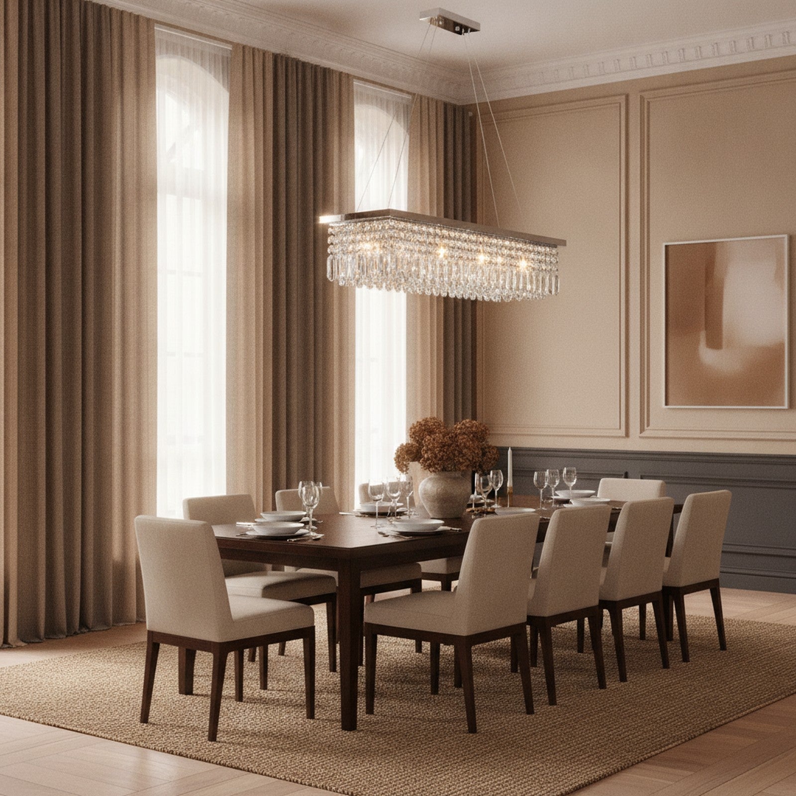 Modern White 8-Light Raindrop Crystal Chandelier — styled in a Maison Bruxelle interior