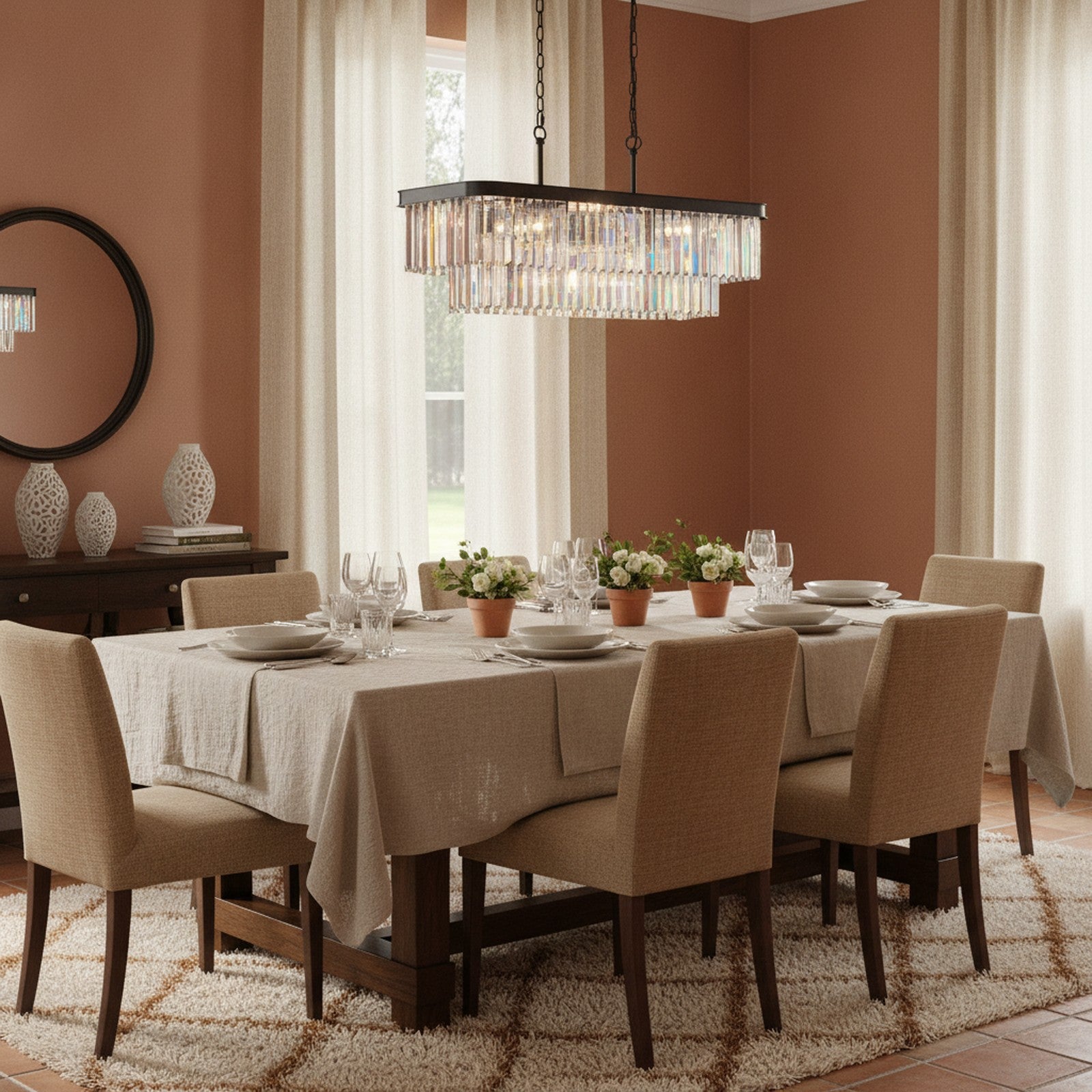 Modern Rectangular Crystal Chandelier, Black — styled in a Maison Bruxelle interior