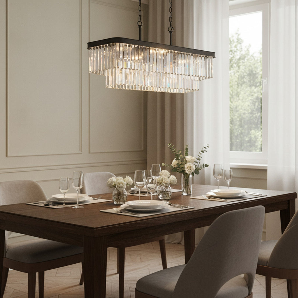 Modern Rectangular Crystal Chandelier, Black — styled — Maison Bruxelle