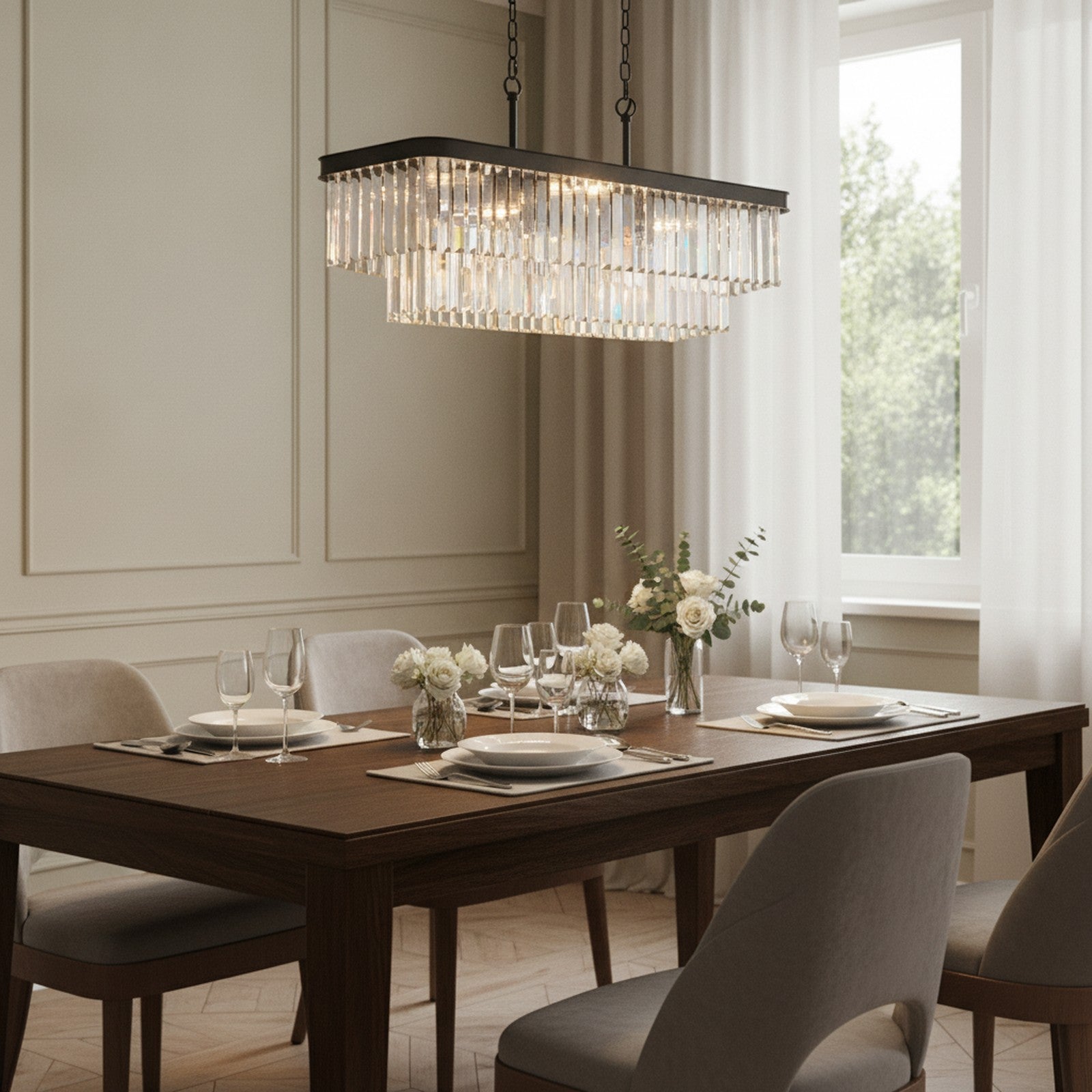 Modern Rectangular Crystal Chandelier, Black — styled — Maison Bruxelle