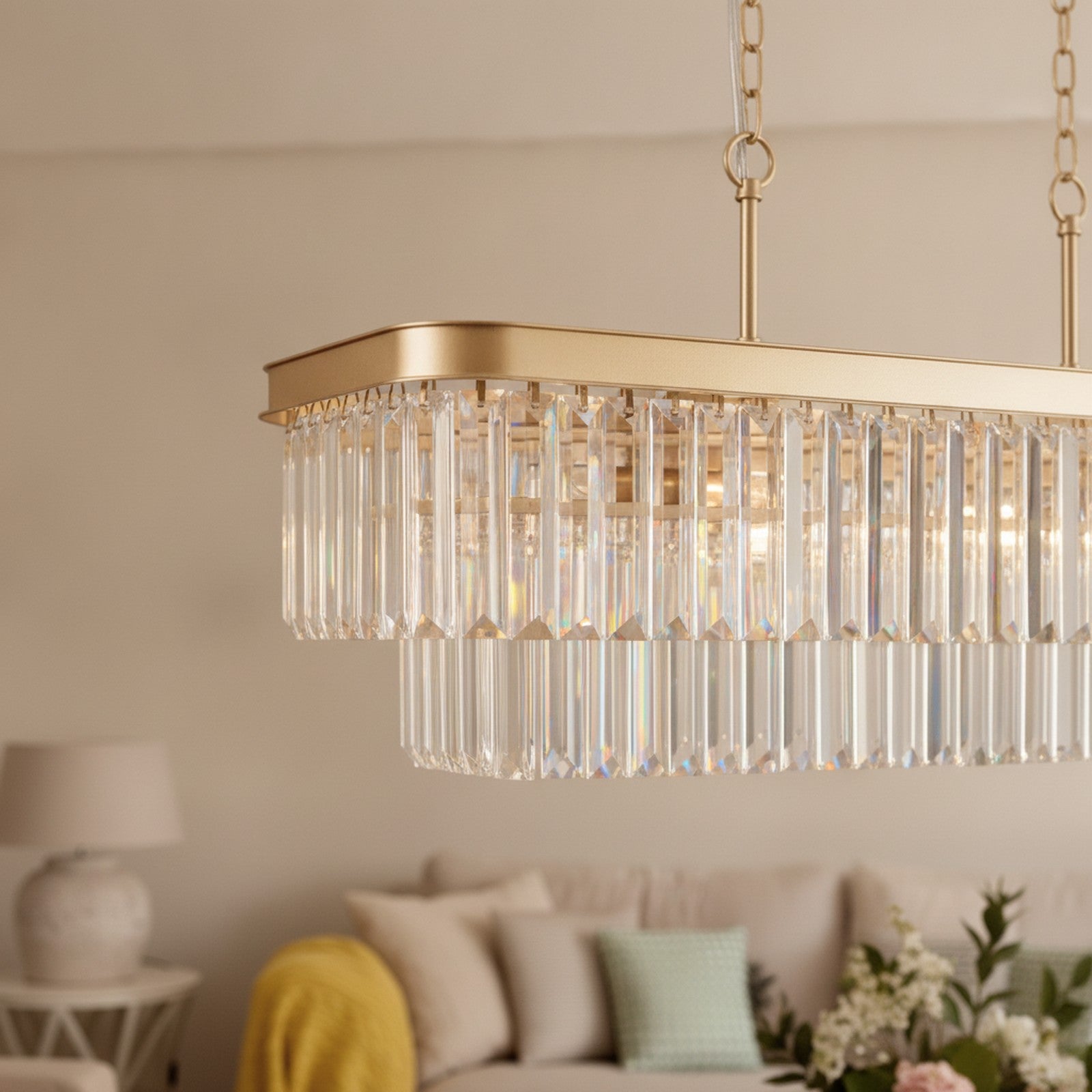 Modern Rectangular Crystal Chandelier, Gold — detail — Maison Bruxelle