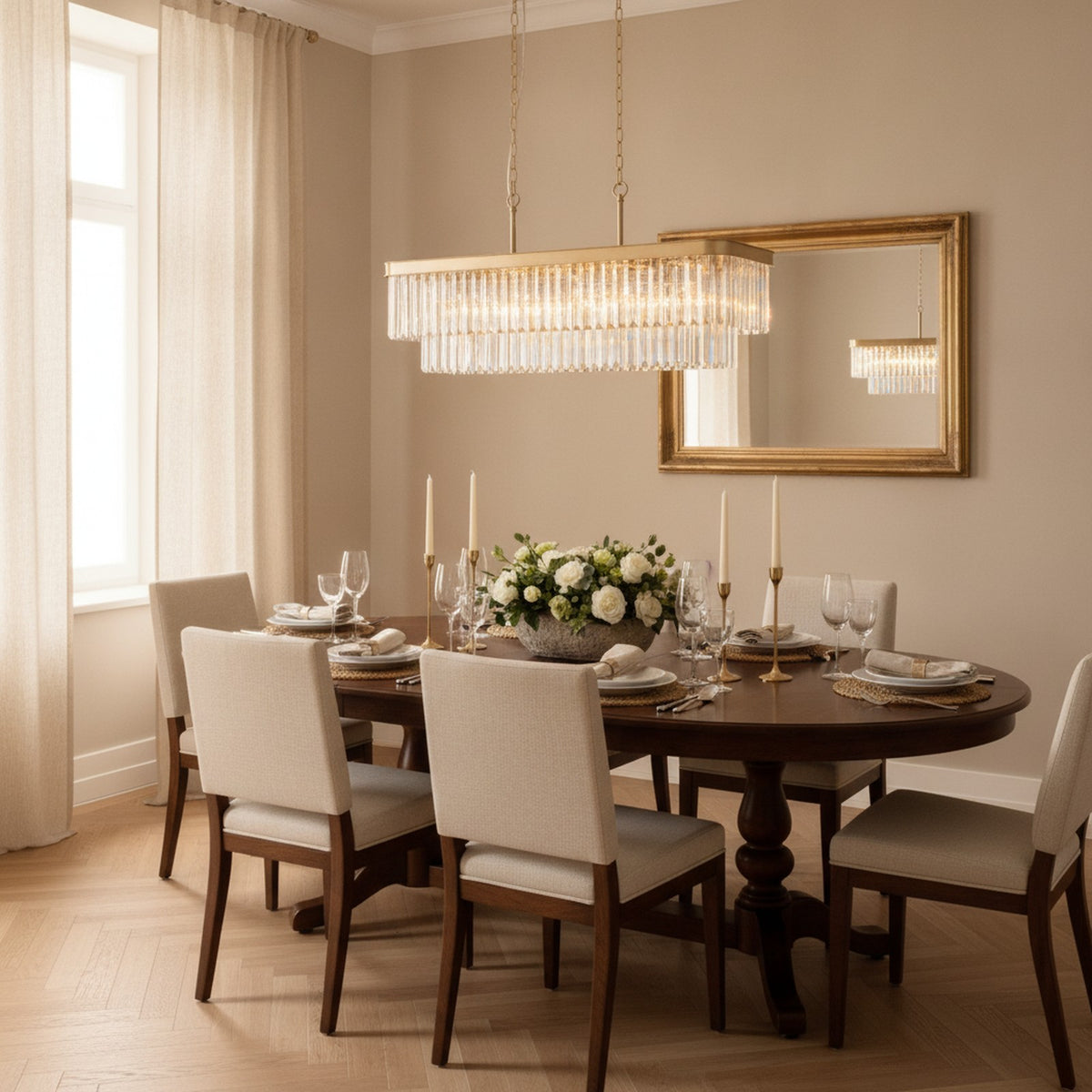 Modern Rectangular Crystal Chandelier, Gold — styled in a Maison Bruxelle interior
