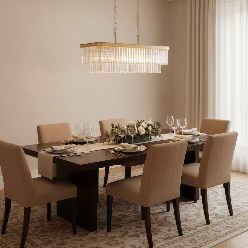 Modern Rectangular Crystal Chandelier, Gold — styled — Maison Bruxelle