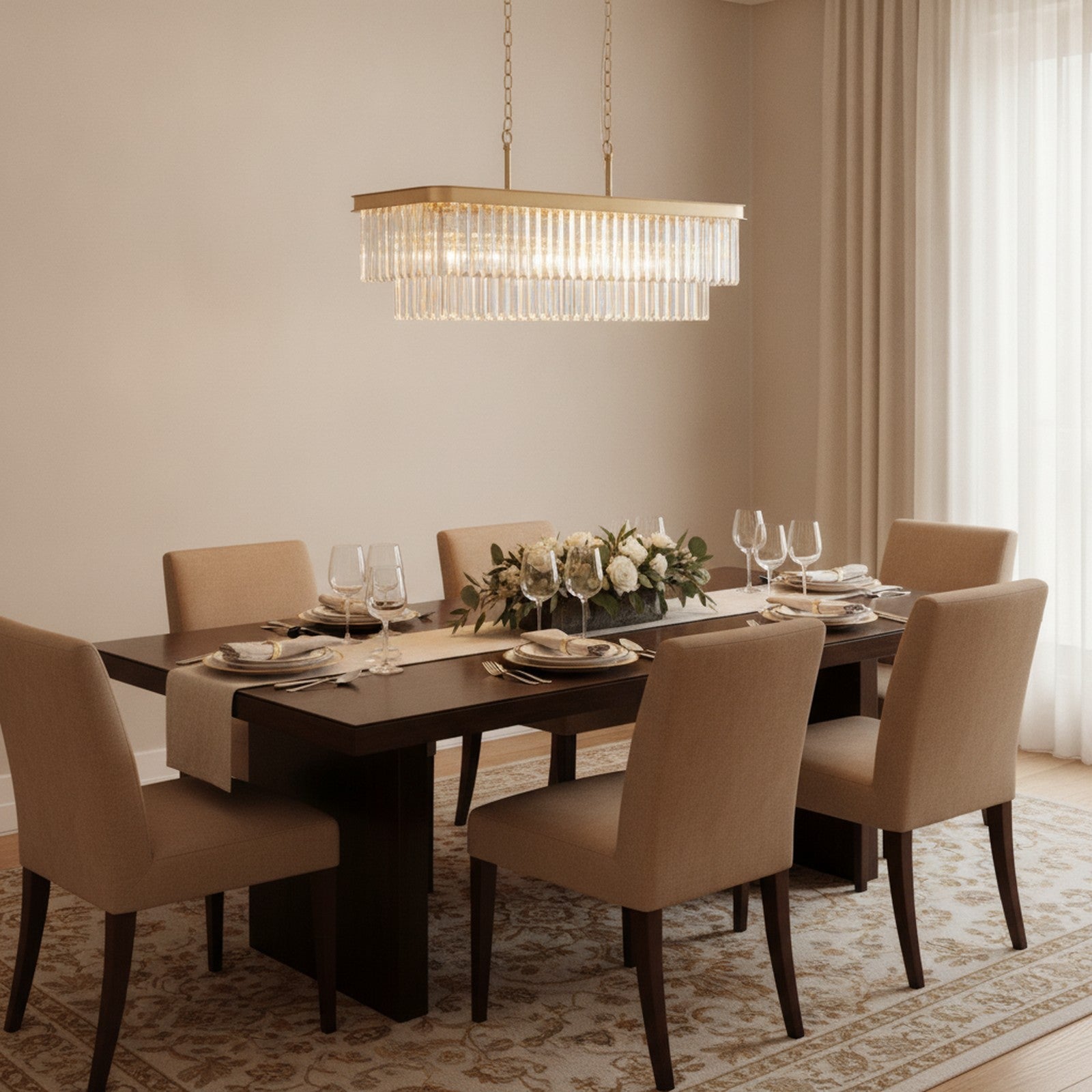 Modern Rectangular Crystal Chandelier, Gold — styled — Maison Bruxelle