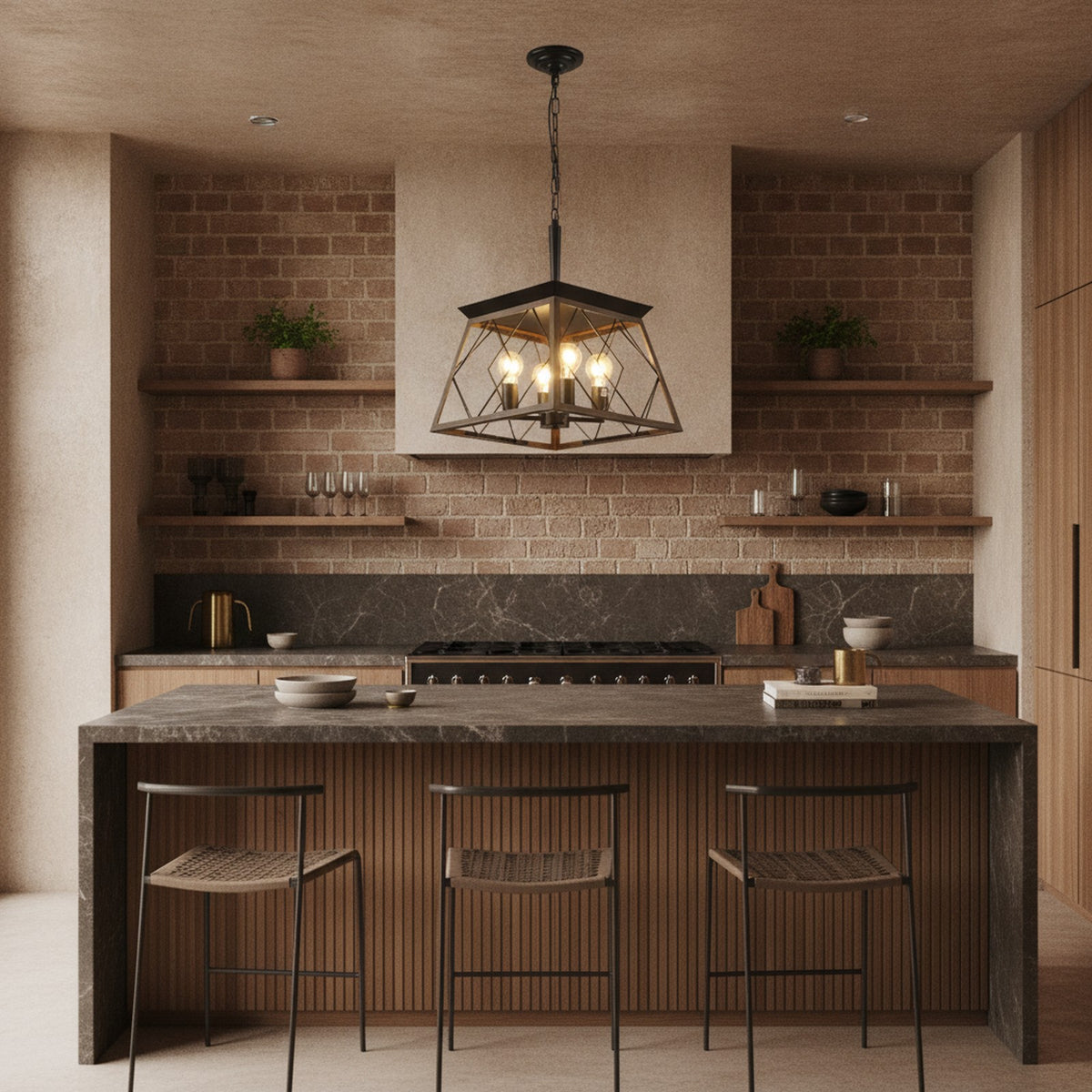 Modern Industrial Walnut 4-Light Pendant Chandelier — styled in a Maison Bruxelle interior