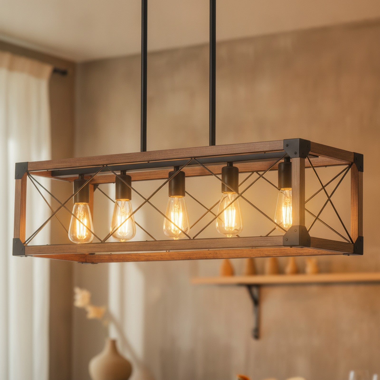 Industrial Farmhouse Walnut Rectangle 5-Light Pendant — detail — Maison Bruxelle