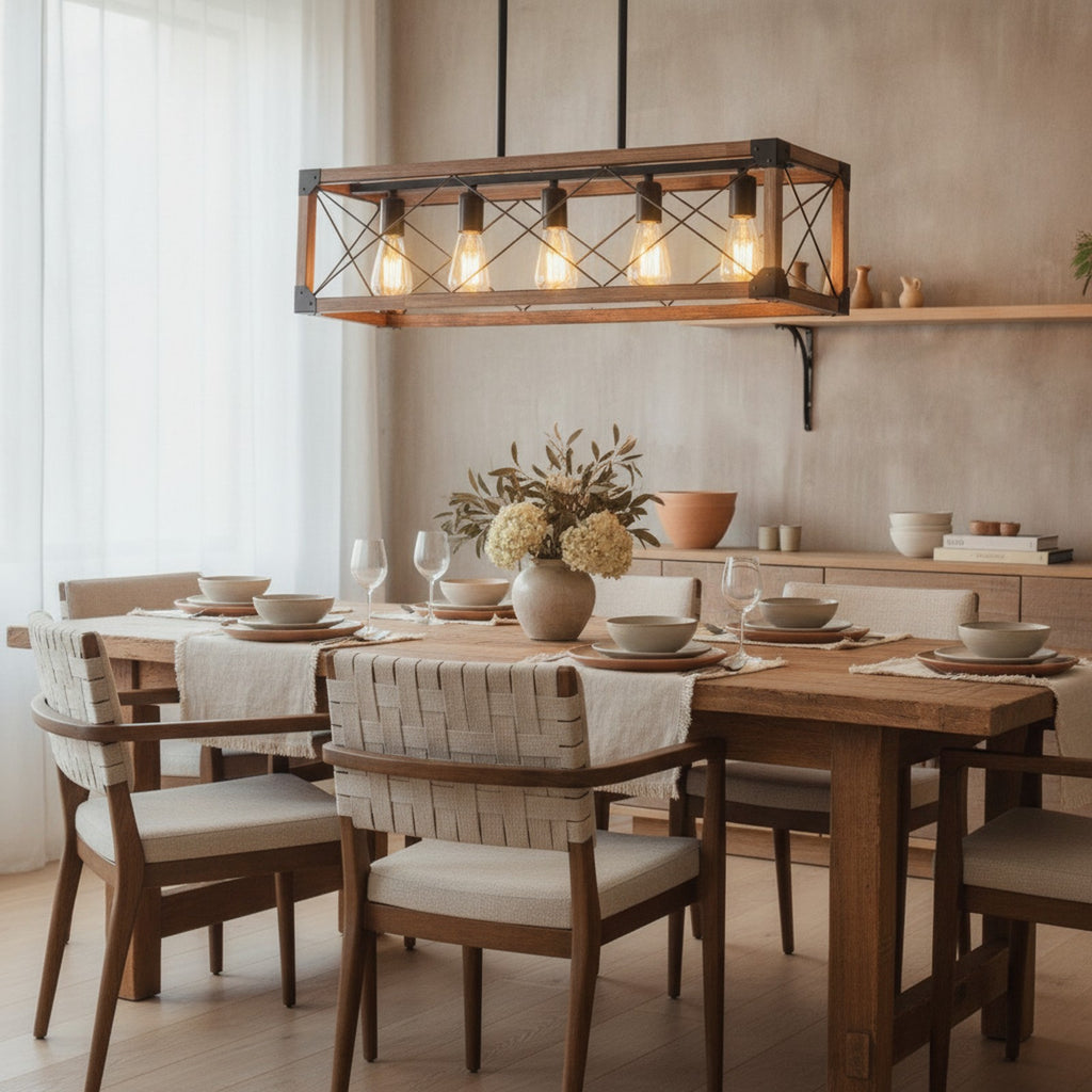 Industrial Farmhouse Walnut Rectangle 5-Light Pendant — styled in a Maison Bruxelle interior