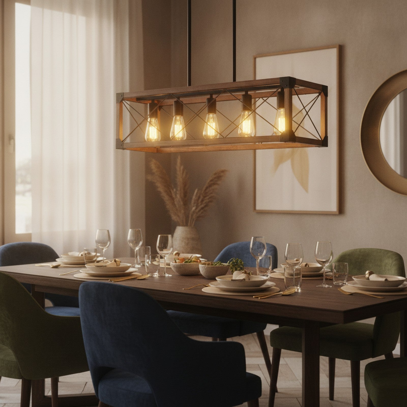 Industrial Farmhouse Walnut Rectangle 5-Light Pendant — styled — Maison Bruxelle