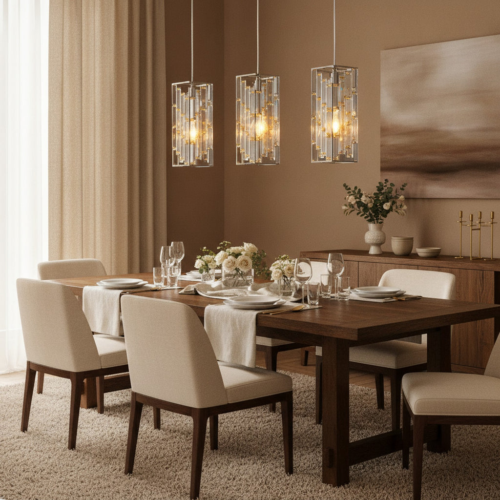 Modern Crystal Pendant Light 3-Pack, Chrome Finish — styled in a Maison Bruxelle interior