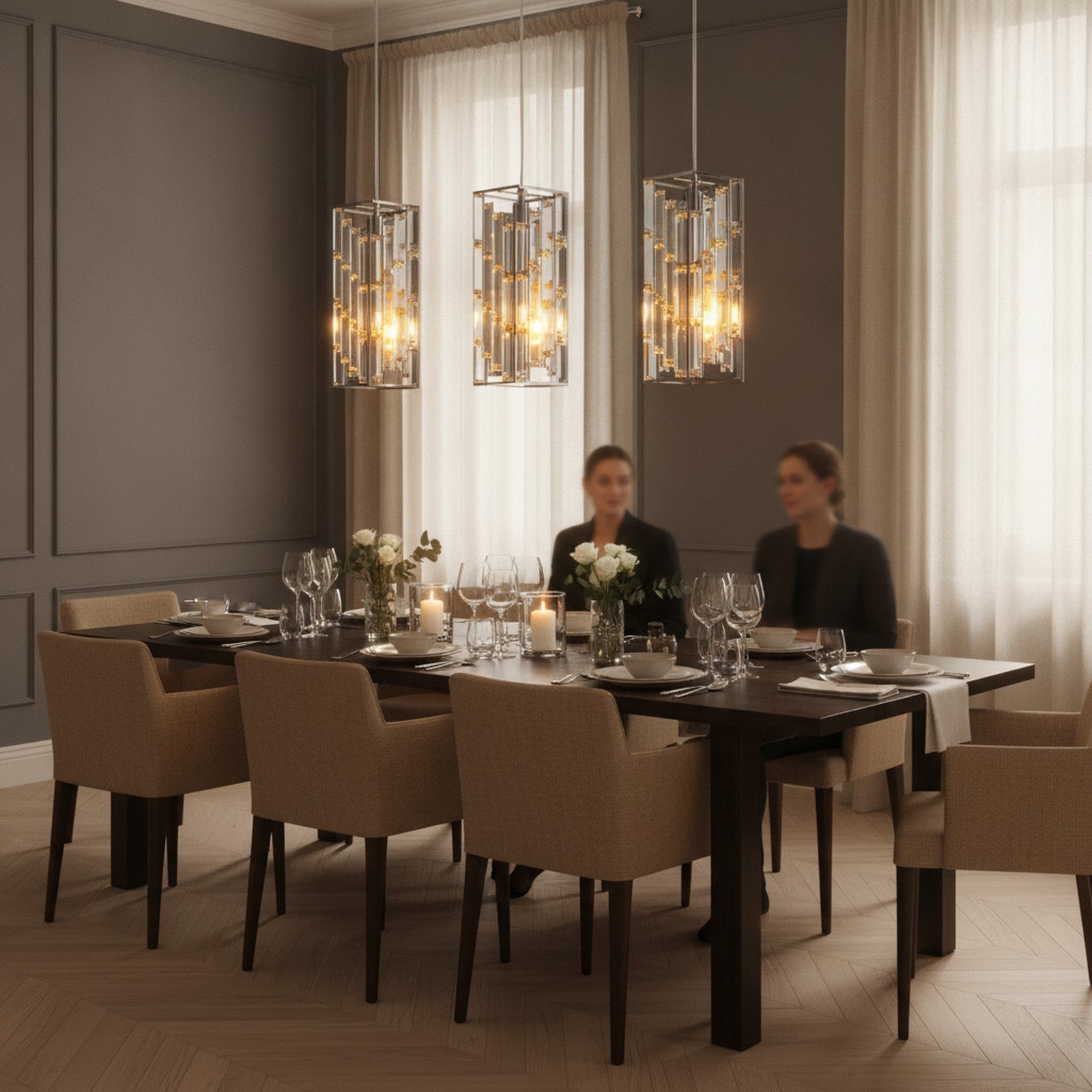 Modern Crystal Pendant Light 3-Pack, Chrome Finish — styled — Maison Bruxelle