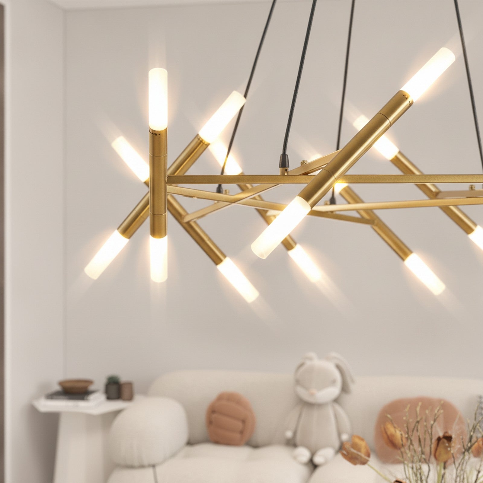 Golden Modern Branch Chandelier With Frosted Tubes, Black Cords — detail — Maison Bruxelle