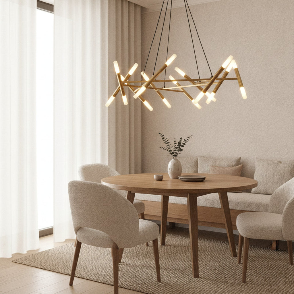 Golden Modern Branch Chandelier With Frosted Tubes, Black Cords — styled in a Maison Bruxelle interior