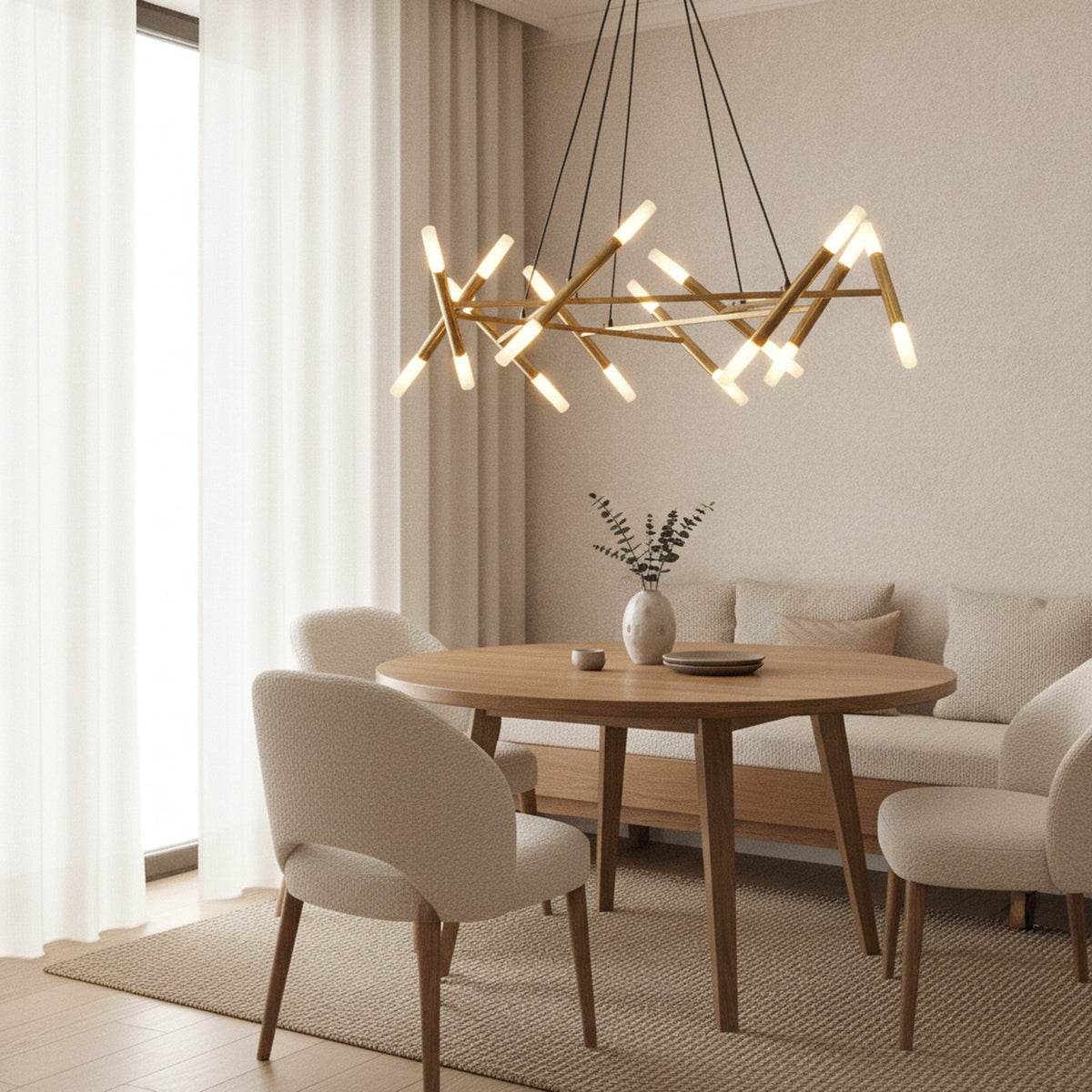 Golden Modern Branch Chandelier With Frosted Tubes, Black Cords — styled in a Maison Bruxelle interior