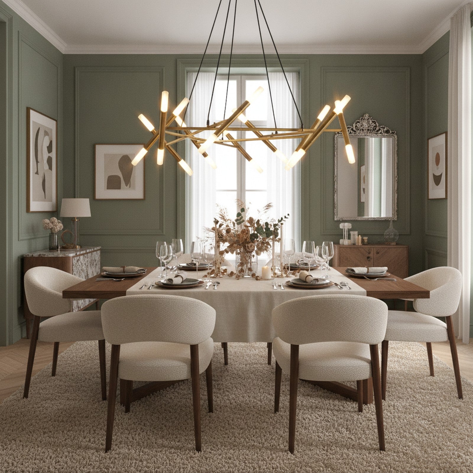 Golden Modern Branch Chandelier With Frosted Tubes, Black Cords — styled — Maison Bruxelle