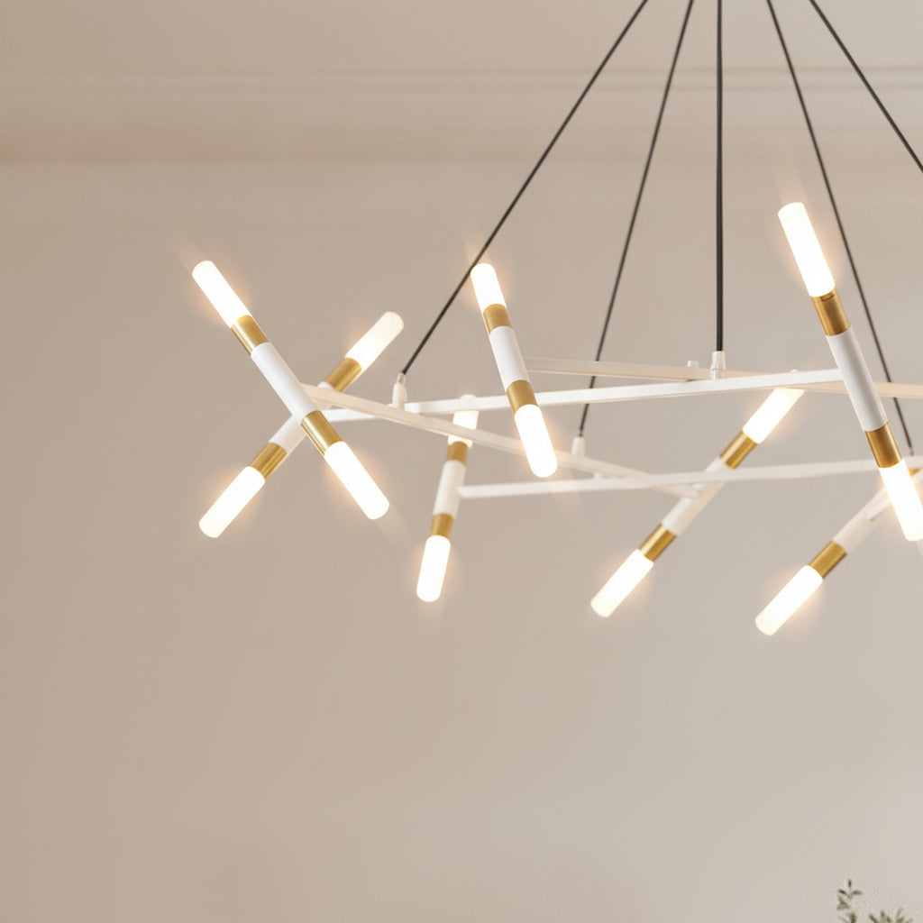 White & Golden Modern Branch Chandelier With Frosted Tubes — detail — Maison Bruxelle