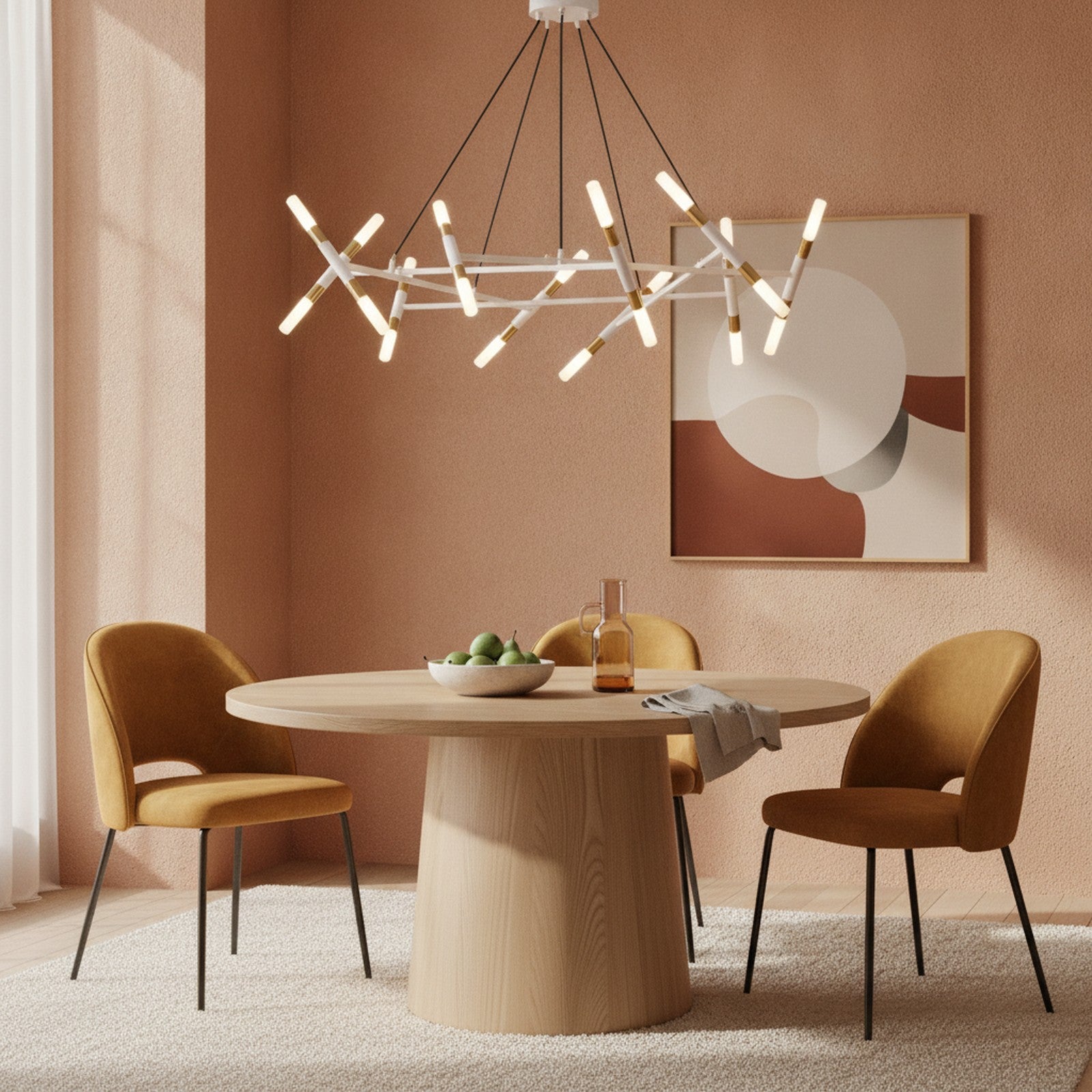 White & Golden Modern Branch Chandelier With Frosted Tubes — styled in a Maison Bruxelle interior