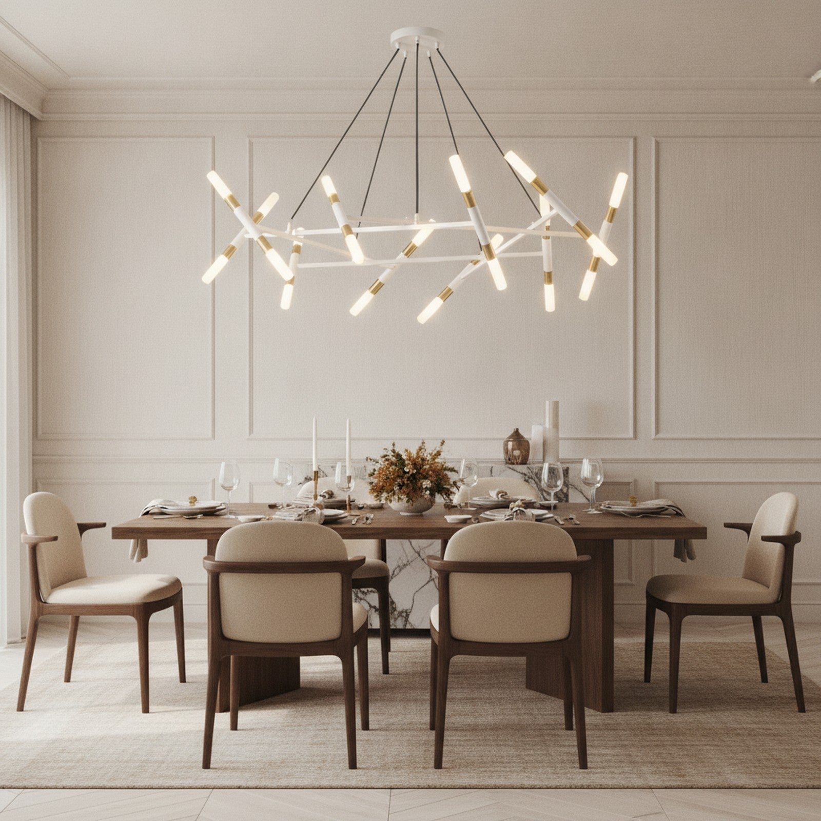 White & Golden Modern Branch Chandelier With Frosted Tubes — styled — Maison Bruxelle