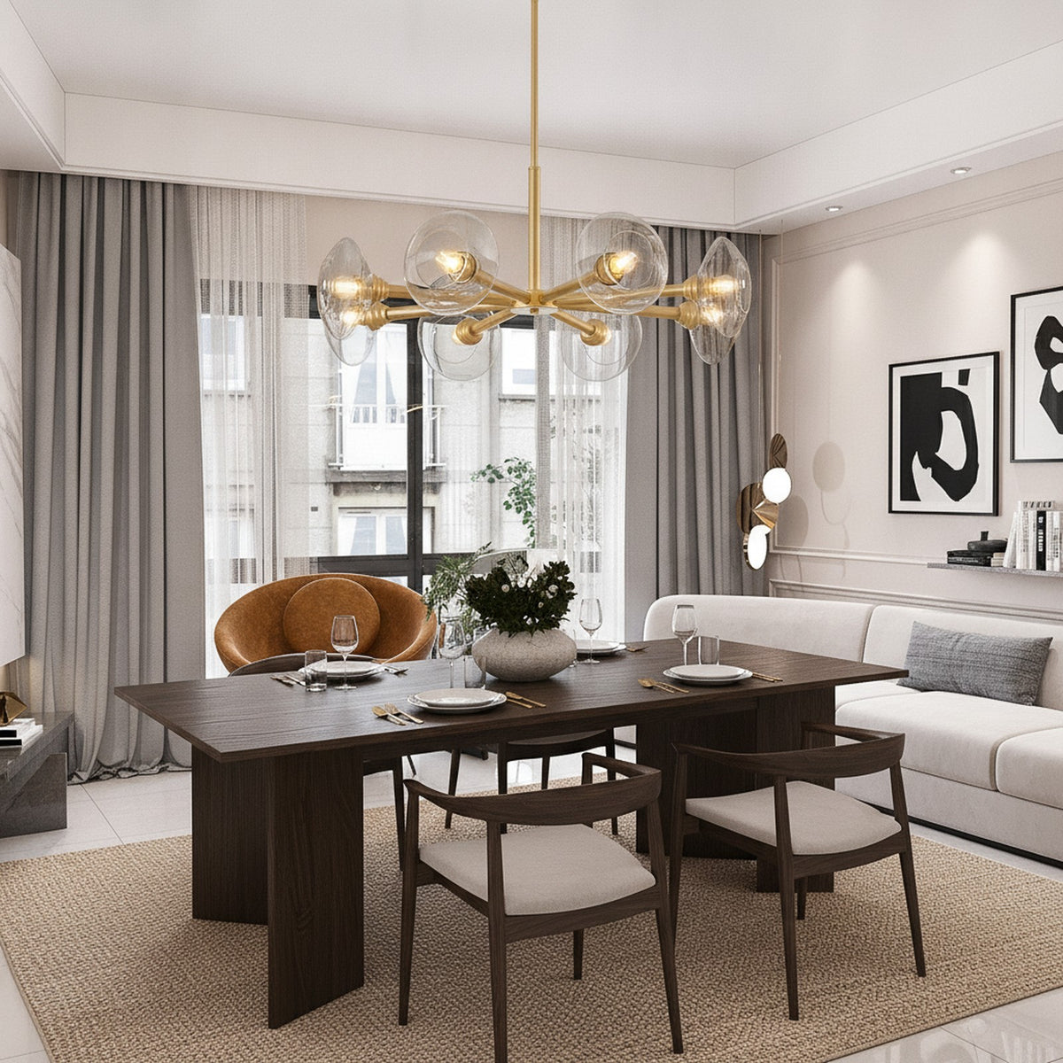 Modern Gold 8-Light Sputnik Chandelier With Clear Glass — styled in a Maison Bruxelle interior