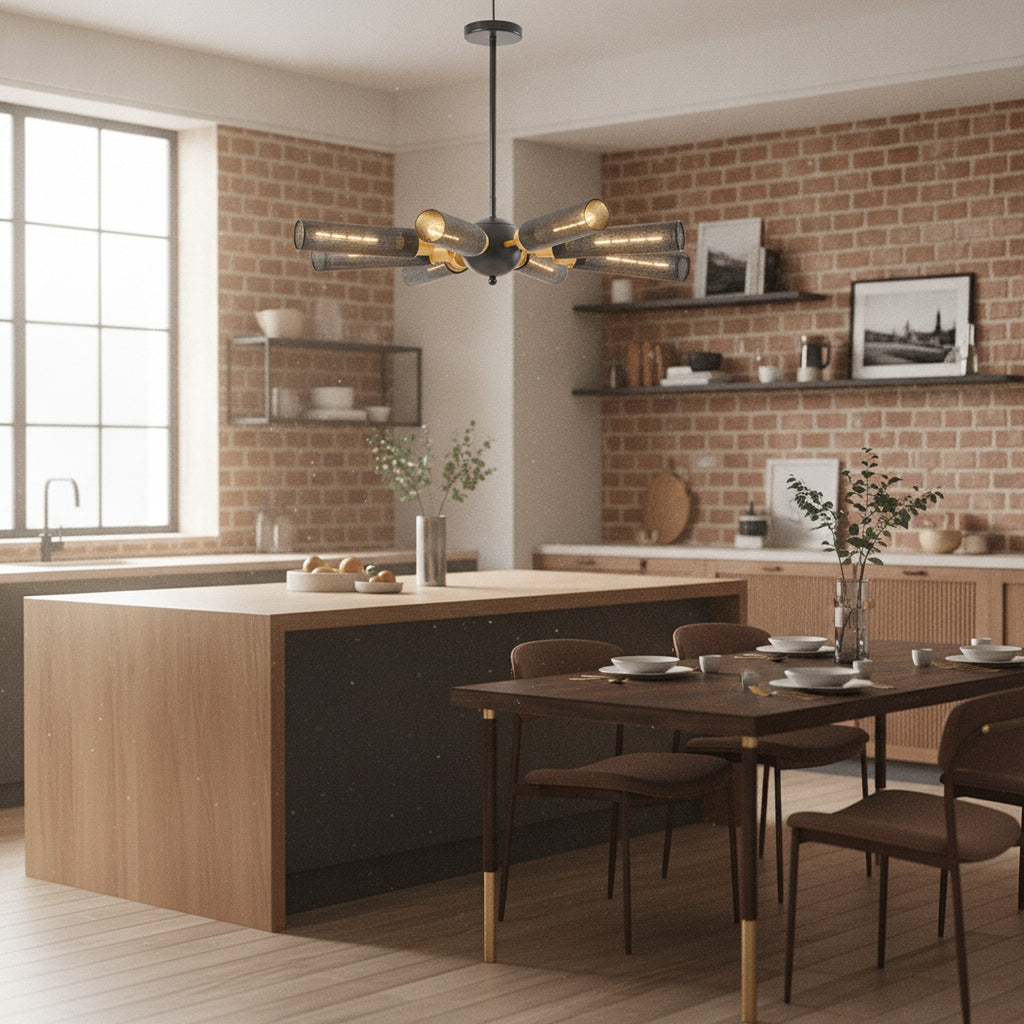 Modern Industrial Black Gold 8-Light Sputnik Chandelier — styled in a Maison Bruxelle interior