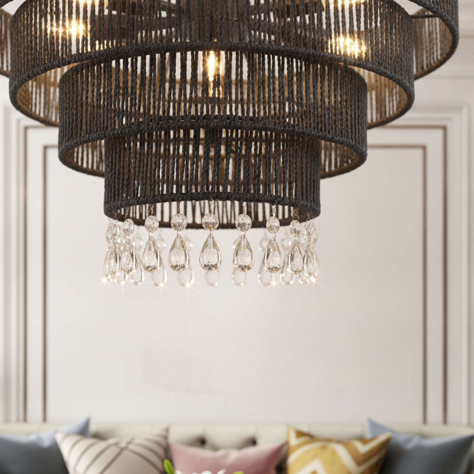 Rustic Boho Black Hemp Rope 6-Light Pendant Chandelier — detail — Maison Bruxelle