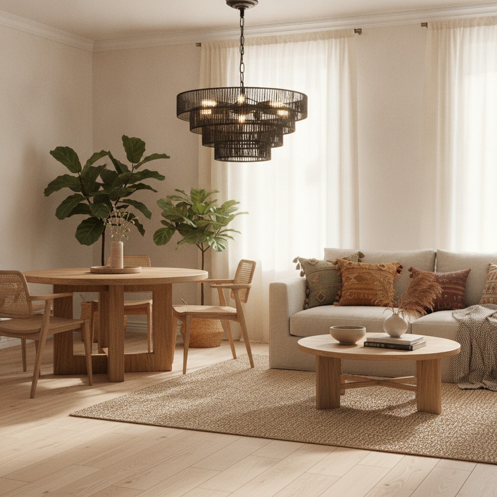 Rustic Boho Black Hemp Rope 6-Light Pendant Chandelier — styled in a Maison Bruxelle interior