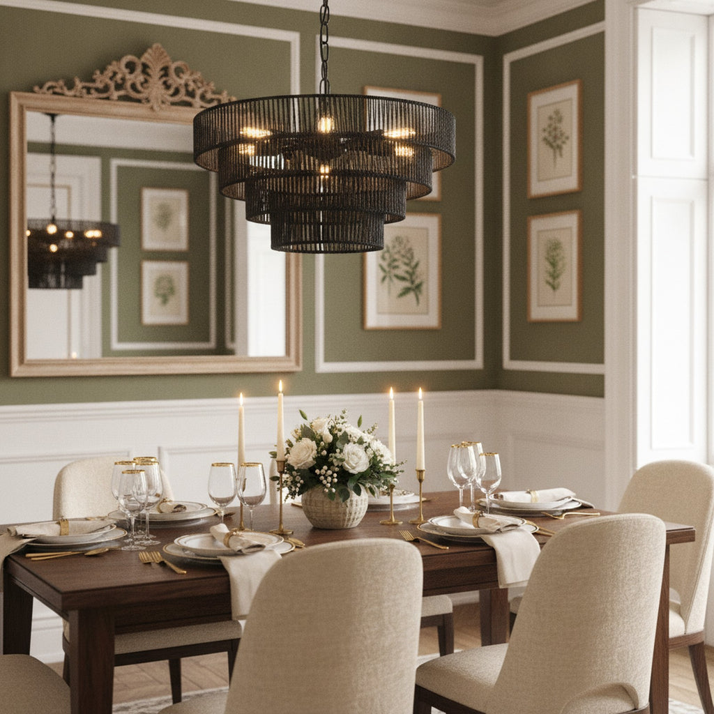Rustic Boho Black Hemp Rope 6-Light Pendant Chandelier — styled — Maison Bruxelle