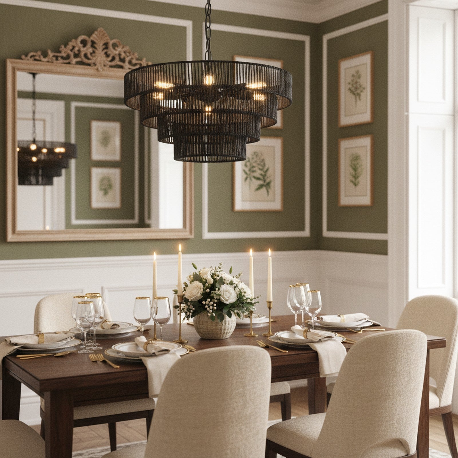 Rustic Boho Black Hemp Rope 6-Light Pendant Chandelier — styled — Maison Bruxelle