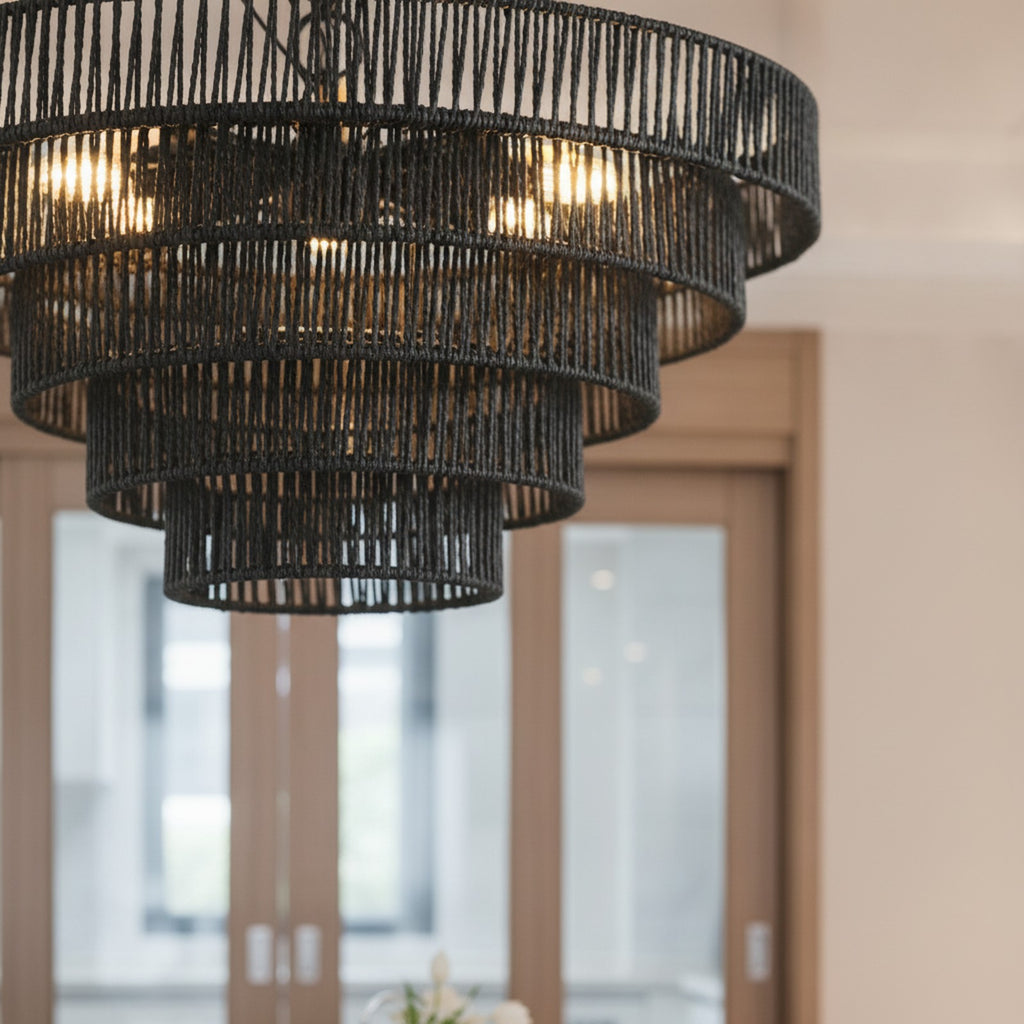 Rustic Boho Farmhouse Black Hemp Rope 8-Light Chandelier — detail — Maison Bruxelle